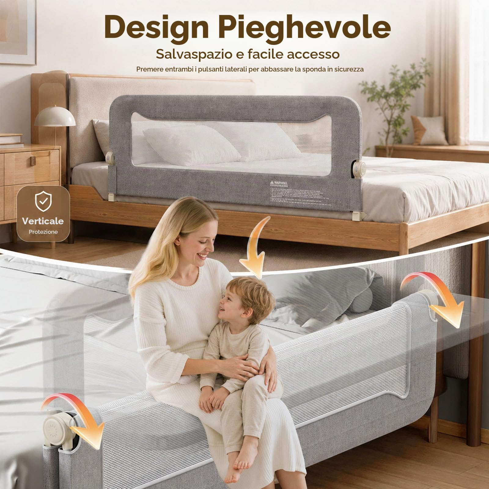 Spondina letto Bambini 150cm, anti-caduta pieghevole Sponde letto Bambini | Sbarra di sicurezza adatta a materassi 10-30cm, mesh traspirante e lavabile, montaggio senza attrezzi