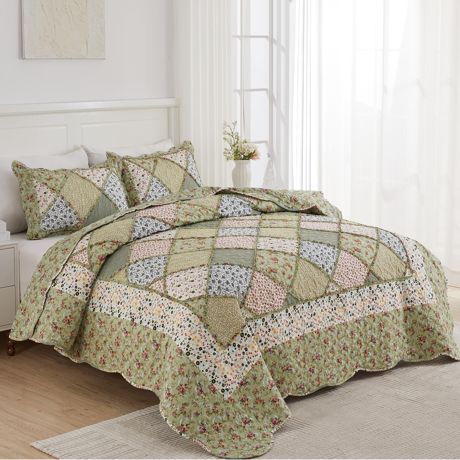 DECMAY Copriletto Matrimoniale 220x240 cm Verde Patchwork, Copriletto Trapuntato in Microfibra con Motivo a Fiori, Coperta Divano, 3 Pezzi con 2 Federe 50x75 cm