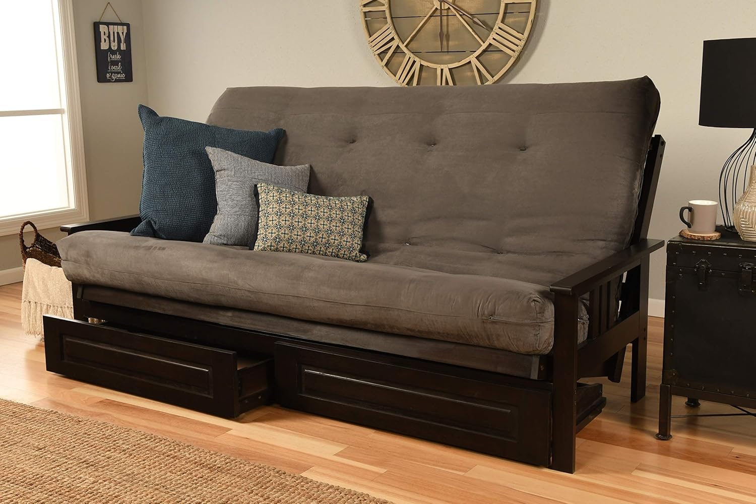 Queen Size Montreal Espresso Futon Frame Innerspring Mattress Sofa Bed Wood Futons