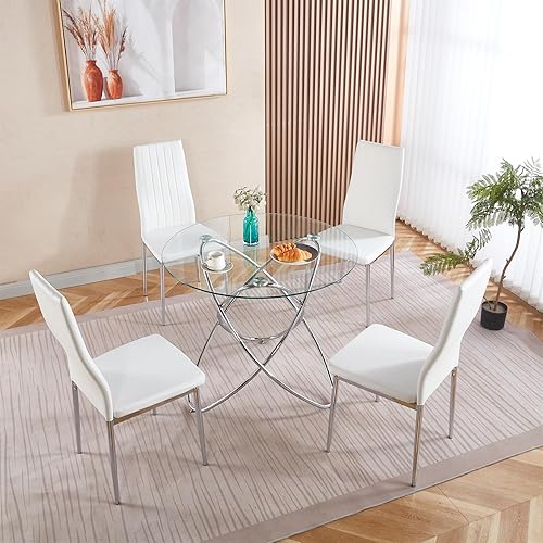Miniatura 269 de Mesa de comedor de cristal de 51 pulgadas para 4, mesa de comedor rectangular contemporánea con parte superior de vidrio templado y patas de acero
