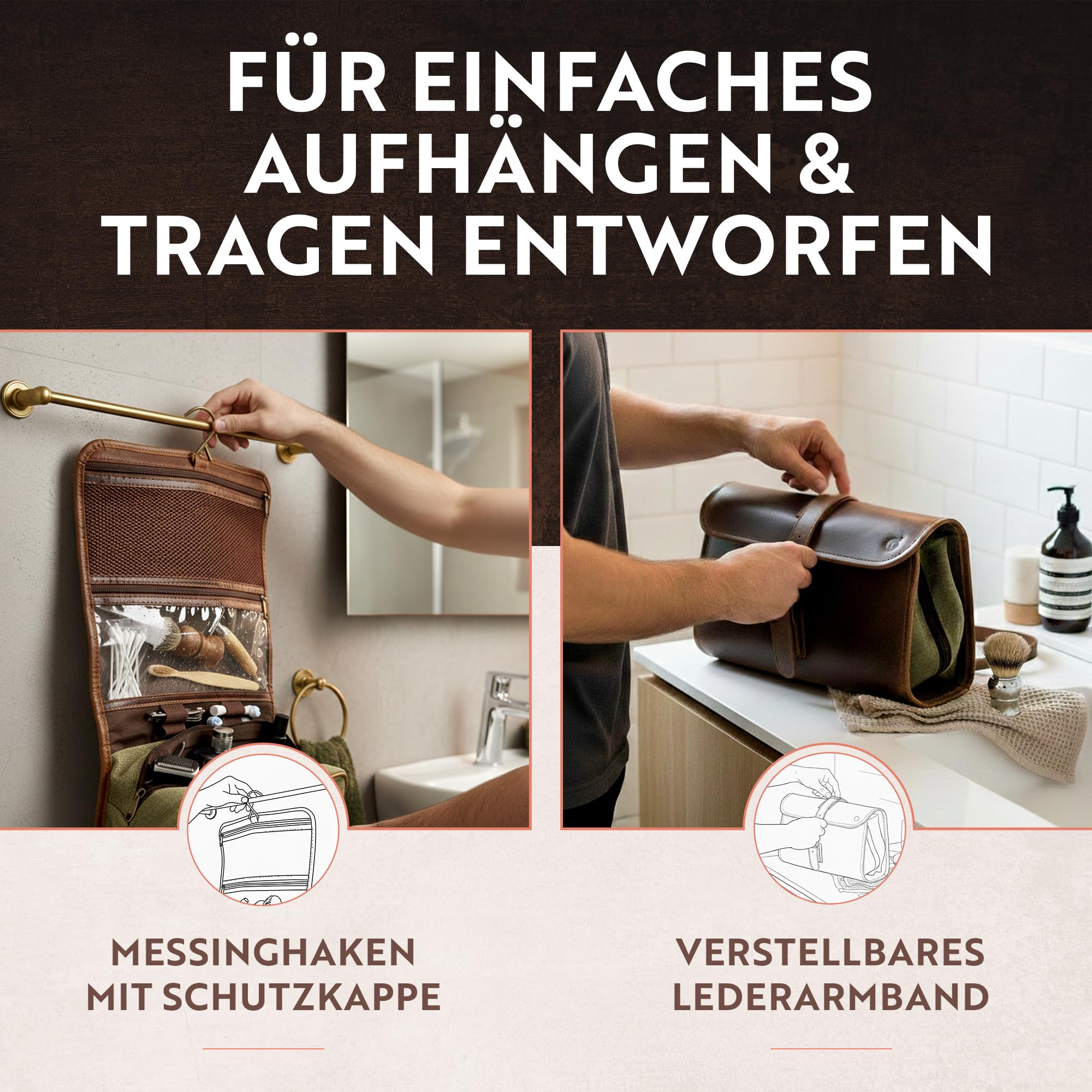 Moonster Kulturtasche Damen & Herren - Kosmetiktasche aus Echtem Büffelleder - Faltbarer Kulturbeutel Herren zum aufhängen - Tabaktasche mit Mehreren Taschen, Messinghaken & YKK-Reißverschlüsse