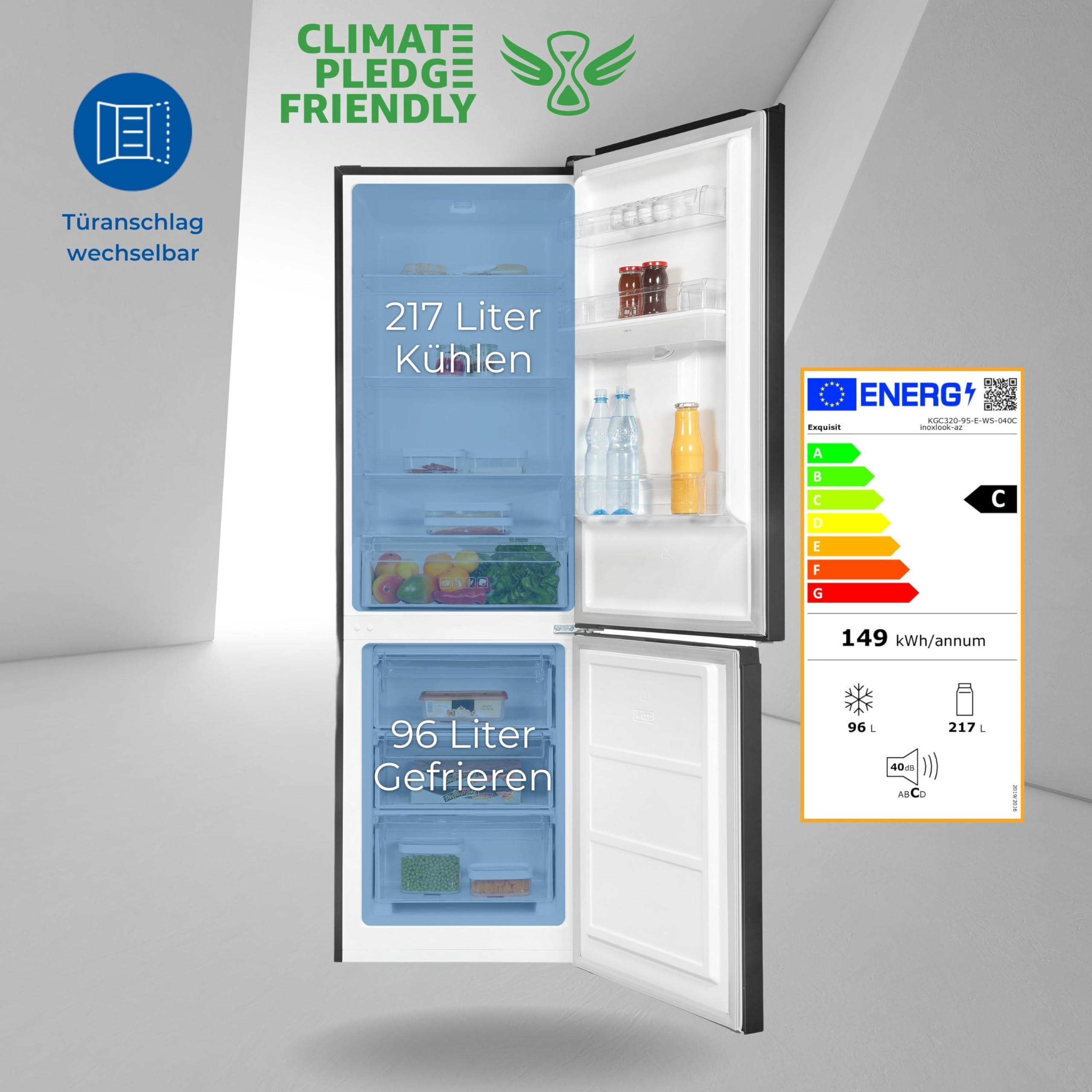 Exquisit Fridge Freezer KGC320 95 E WS 040C inoxlook az | 313 L Net
