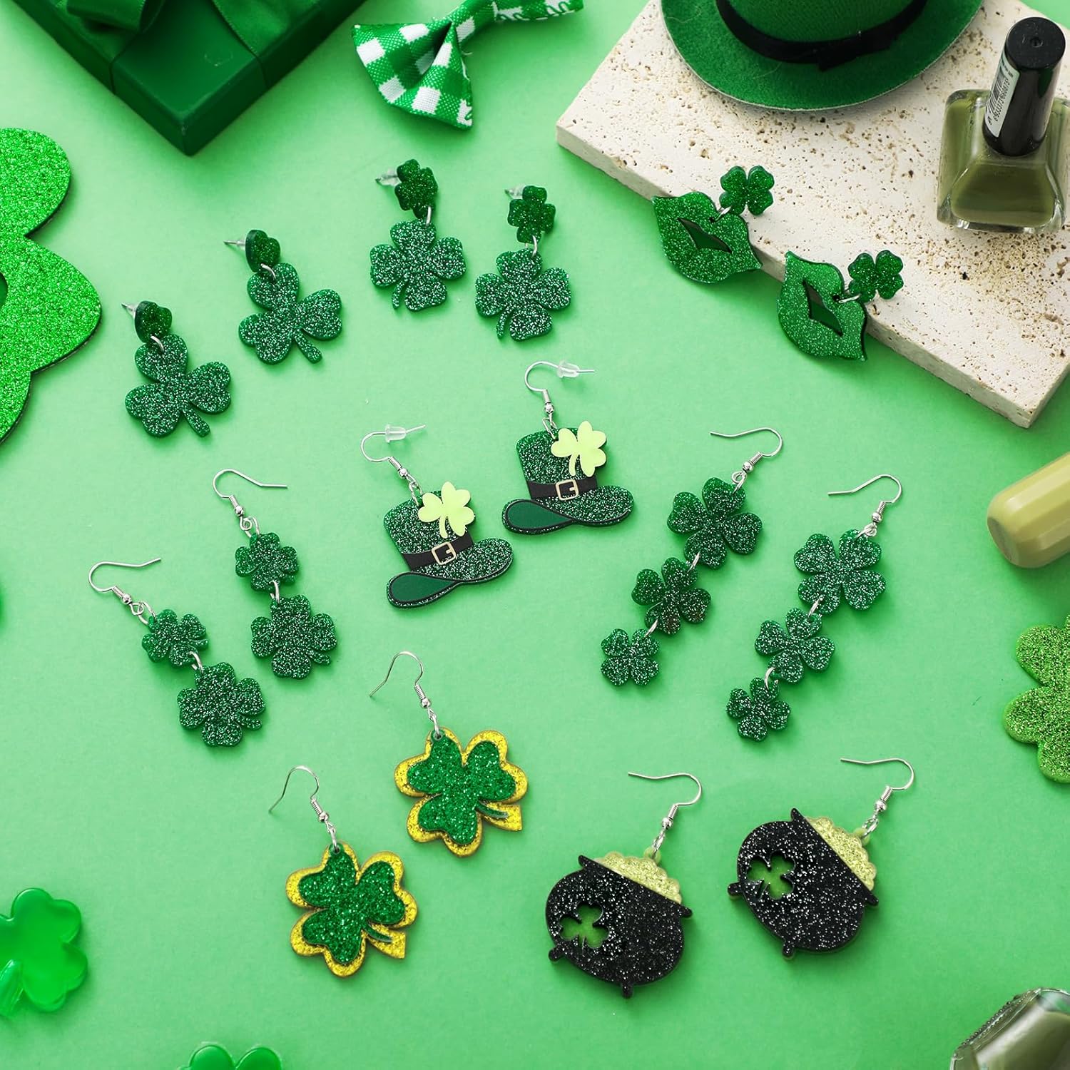 8 Pairs St. Patrick's Day Earrings for Women Acrylic Stud Irish Shamrock Dangle Earrings Green Hat Gold Pot Four Leaf Clover Earrings for Festival St Patty's Jewelry - Image 2