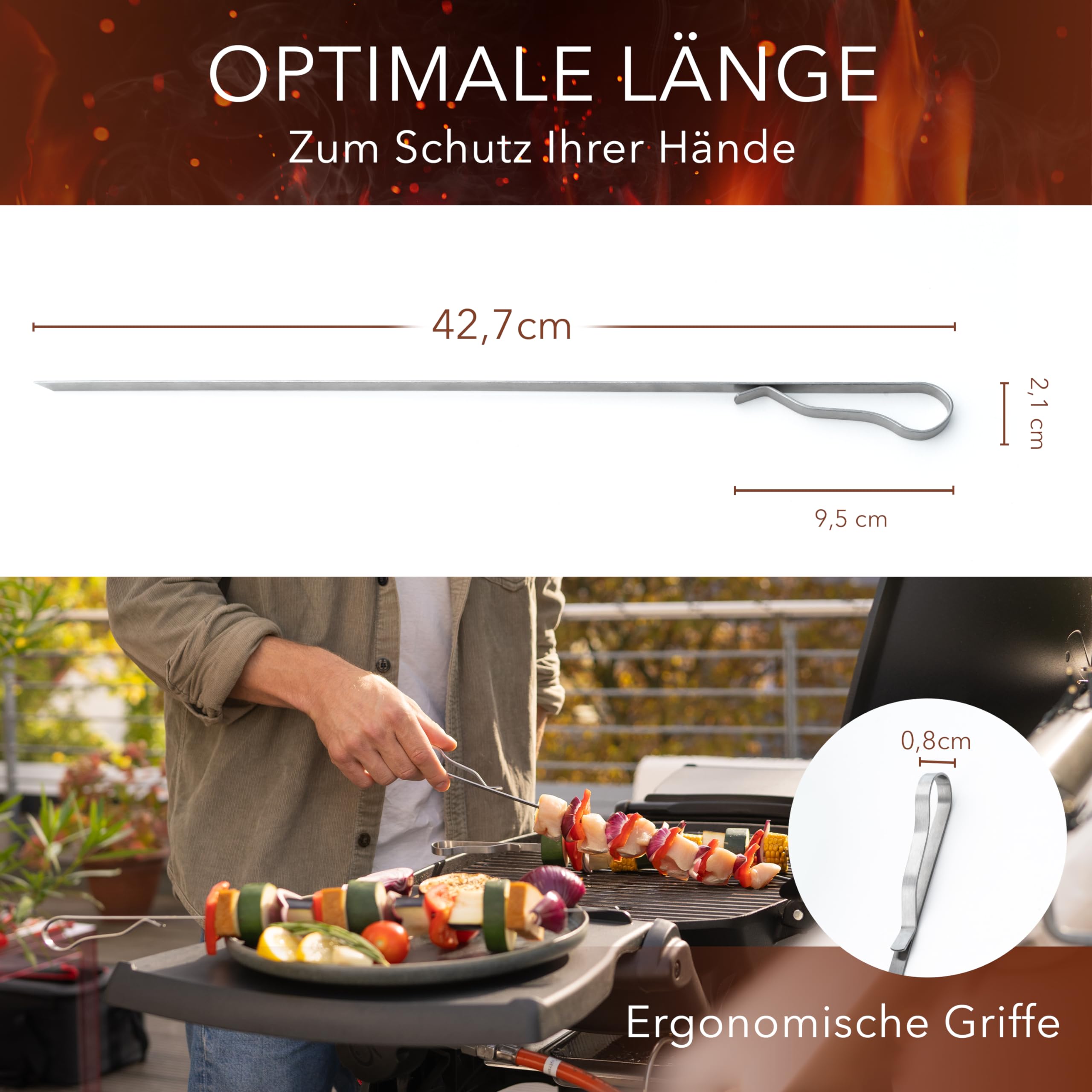 AVANA Grillspieße aus Edelstahl 10 Stück Wiederverwendbar Schaschlikschpieße 43cm Grill Kebap Schampura Fleischspieße lange Spieße für Fleisch & Gemüse