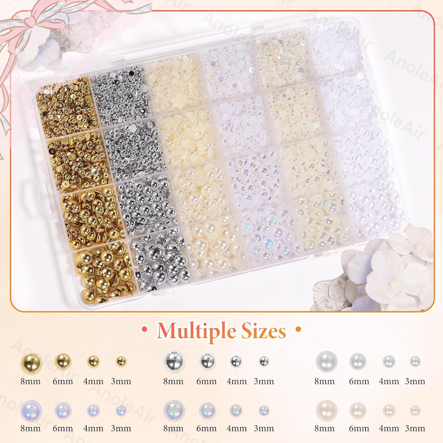 9000Pcs Half Pearls for Crafting, Gold Silver White Flatback Pearls for Bedazzling, Flatback Gold Pearl for Nails, ABS Pearl Nail Beads Gems for Nails DIY Crafts Shoes Clothes Bags DIY Making - Image 2
