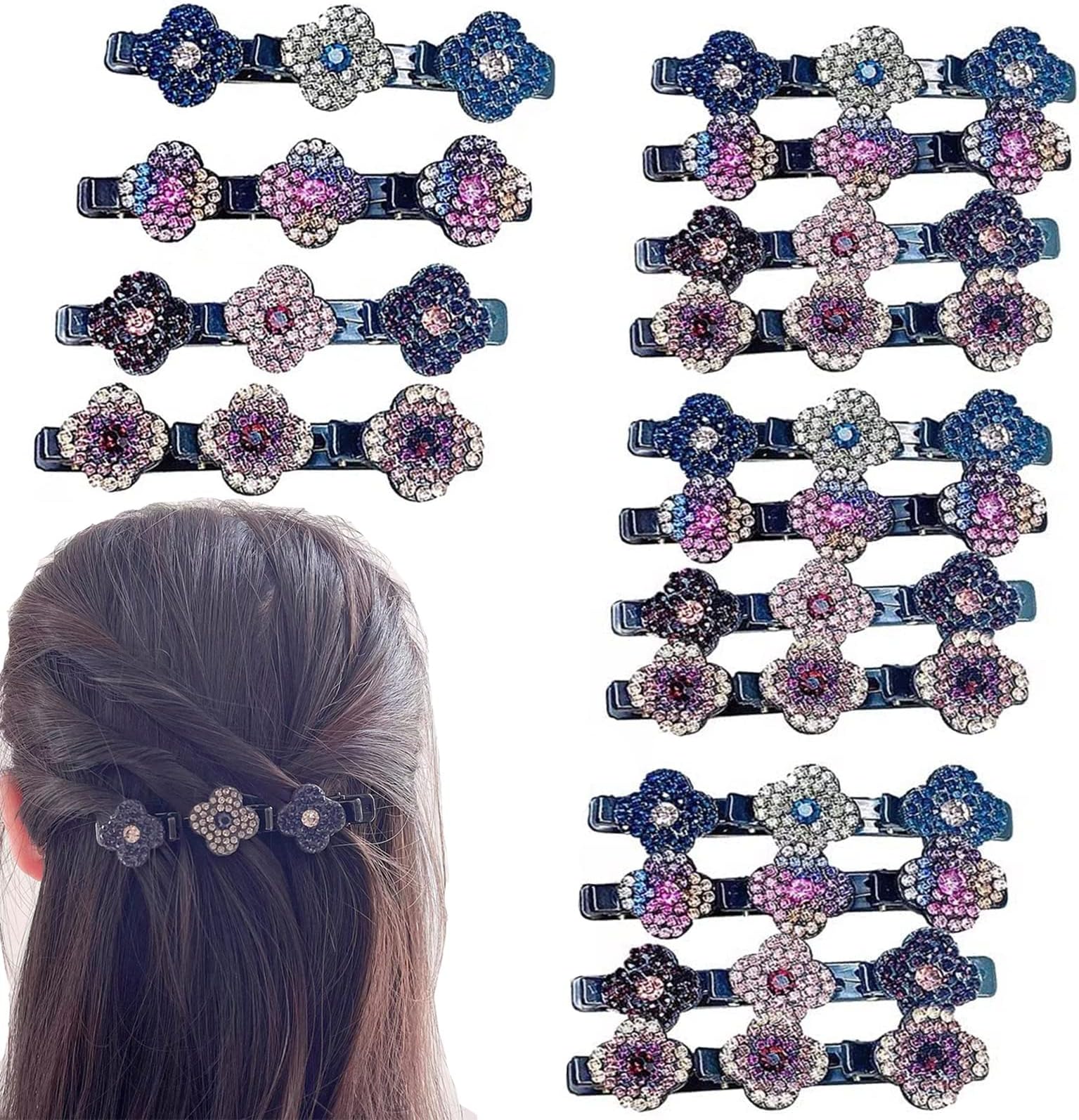yohica Satin Fabric Hair Bands Four-Leaf Clover Chopped Hairpin Duckbill Clip Braided Hair Clip with Rhinestones for Women Sparkling Crystal Stone Braided Hair Clips-16pcs