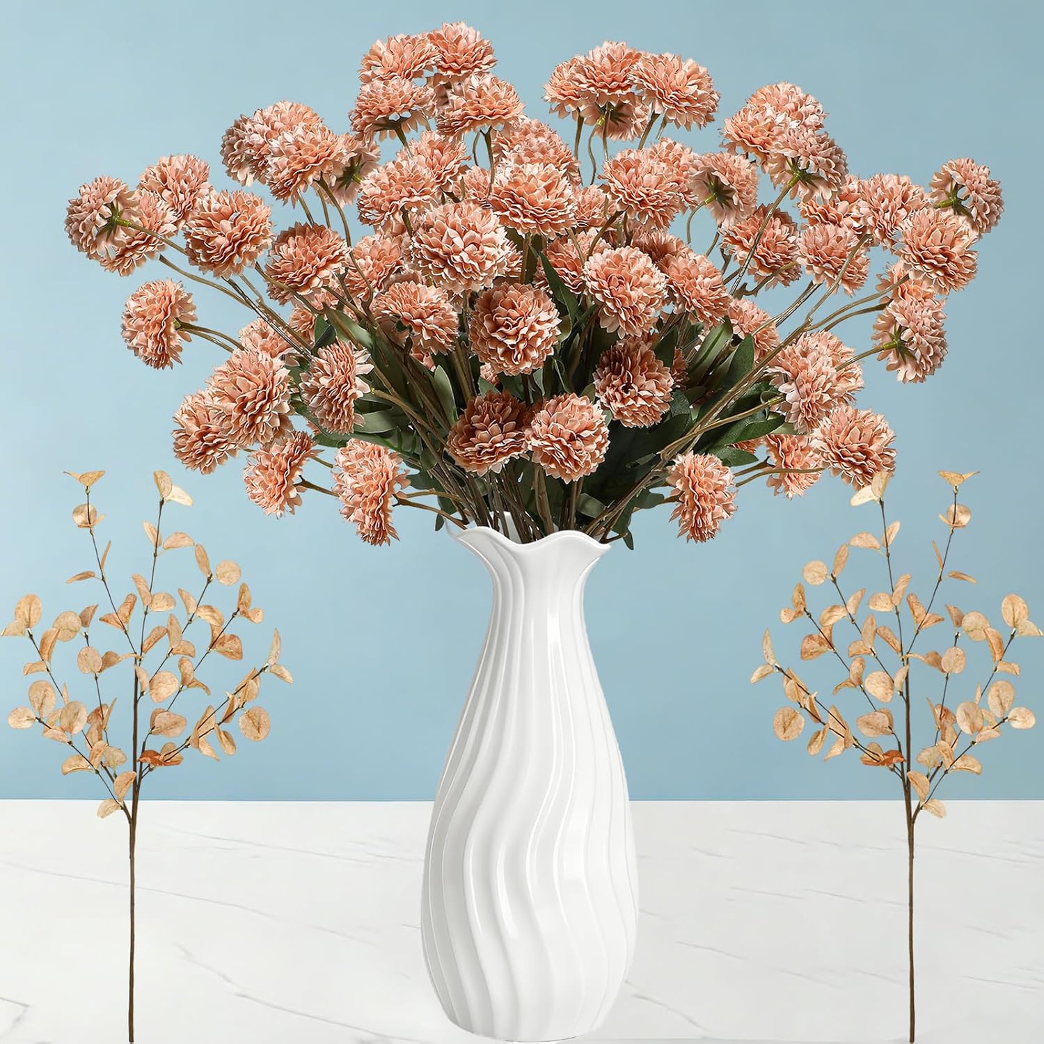Beige Faux Silk Pompon Mums Artificial Flowers - 12 Pcs Fake Kiku Flowers Bulk with Eucalyptus Leaves, Long Stems Chrysanthemums Ball Flower for DIY Centerpiece Party Spring Home Decor