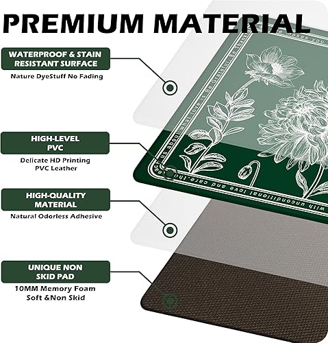 Miniatura 6 de Juego de 2 alfombras de cocina florales antifatiga de PVC, antideslizantes, impermeables, acolchadas, cómodas alfombrillas de cocina para piso,
