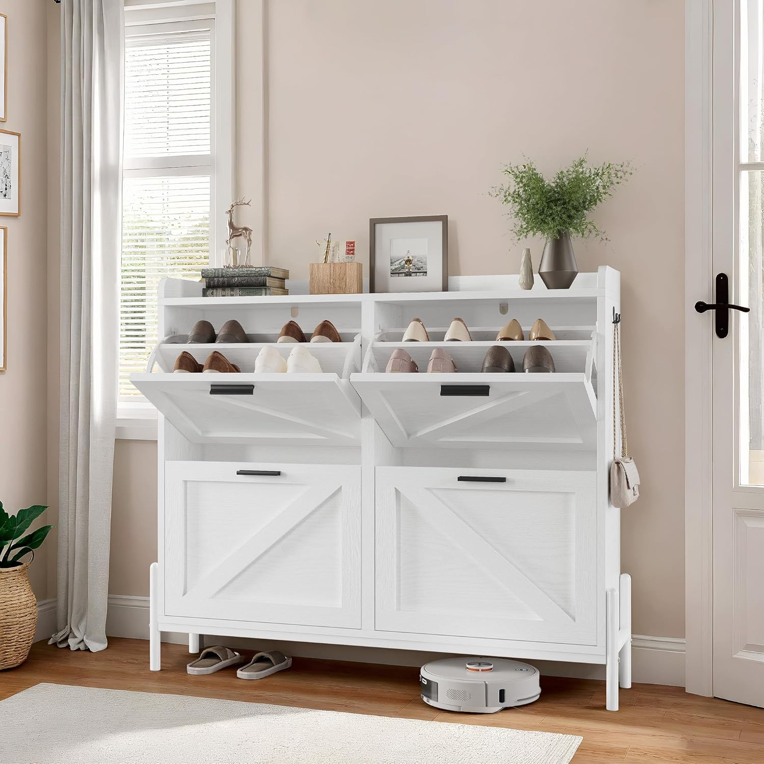 The IRONCK Shoe Cabinet with its flip-up drawers open, revealing shoes stored inside.