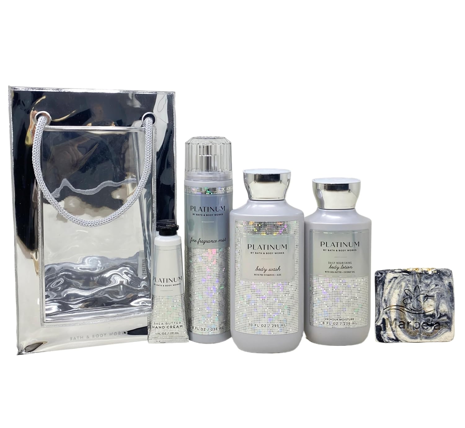 Bath & Body Works Platinum Deluxe Gift Bag Set - Fragrance Mist, Body Wash, Body Lotion and Hand Cream - with a Charcoal Scrub Bar Soap