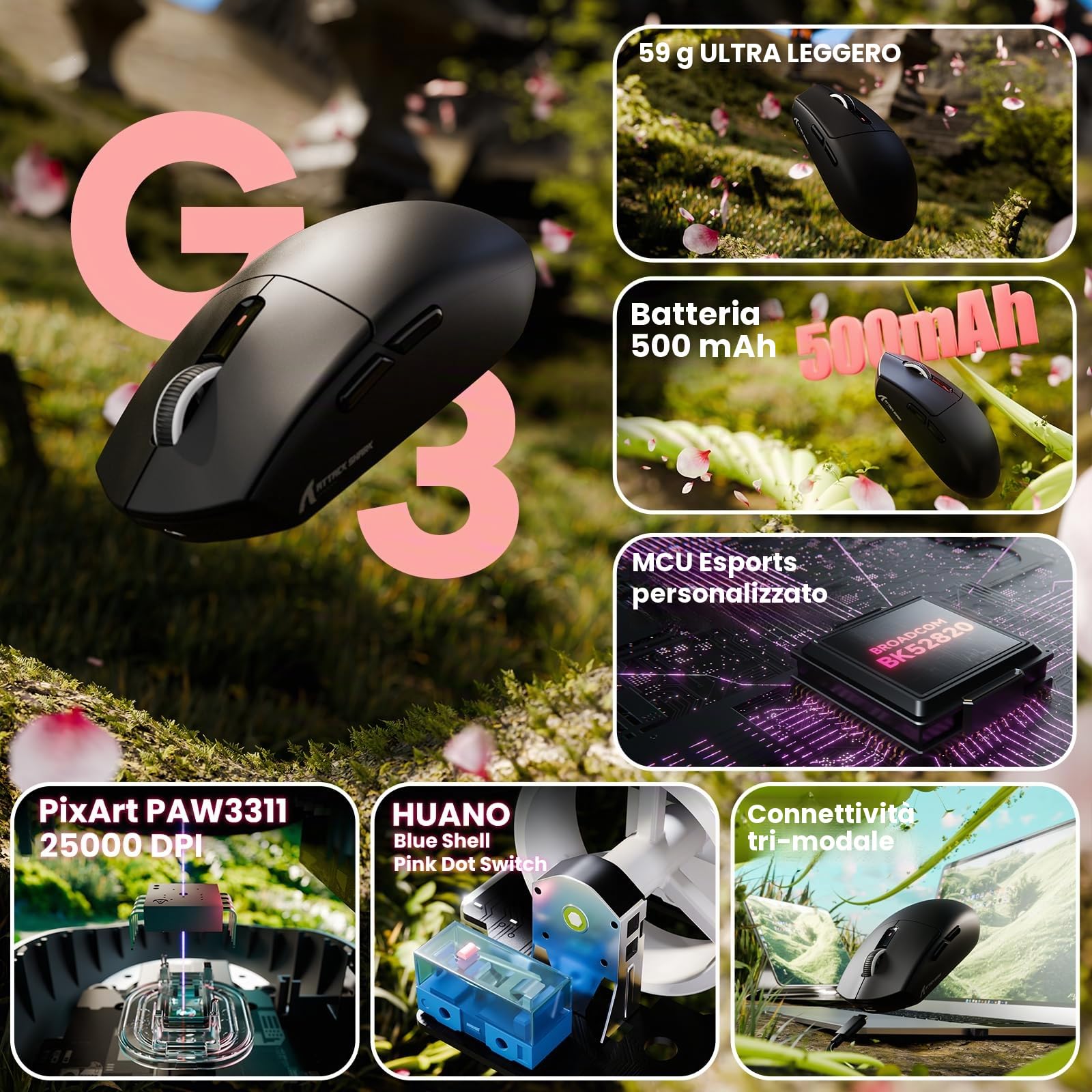 ATTACK SHARK G3 Mouse Gaming Wireless, 59g SUPERLIGHT, 25000 DPI, Sensore PixArt PAW3311, 80 Milioni di Click, Bluetooth/2.4G/USB-C Cablato, Batteria da 500mAh, per PC/Mac, Nero