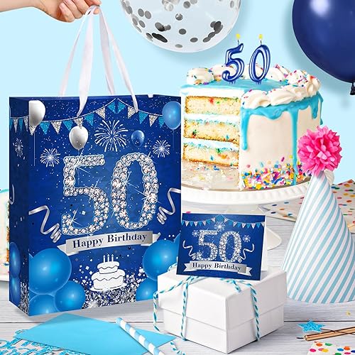 Miniatura 6 de Bolsa de regalo de cumpleaños de 16 años, color azul marino y plateado, bolsa de regalo de cumpleaños número 16 con papel de seda y tarjeta, bolsa