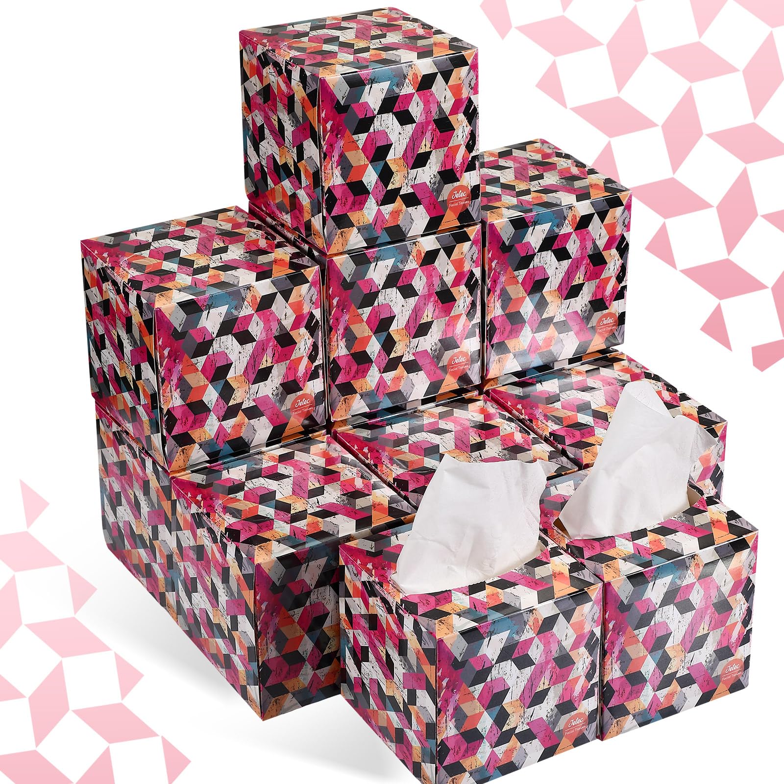 Style Varys 12 Packs Facial Tissues Boxes Abstract Theme Tissues Cube Boxes Facial Tissue Bulk Soft Square Box Tissues Face Tissue Paper Box for Toilet Travel Car Wedding, 2 Ply, 80 Tissues/Box (Geometry)