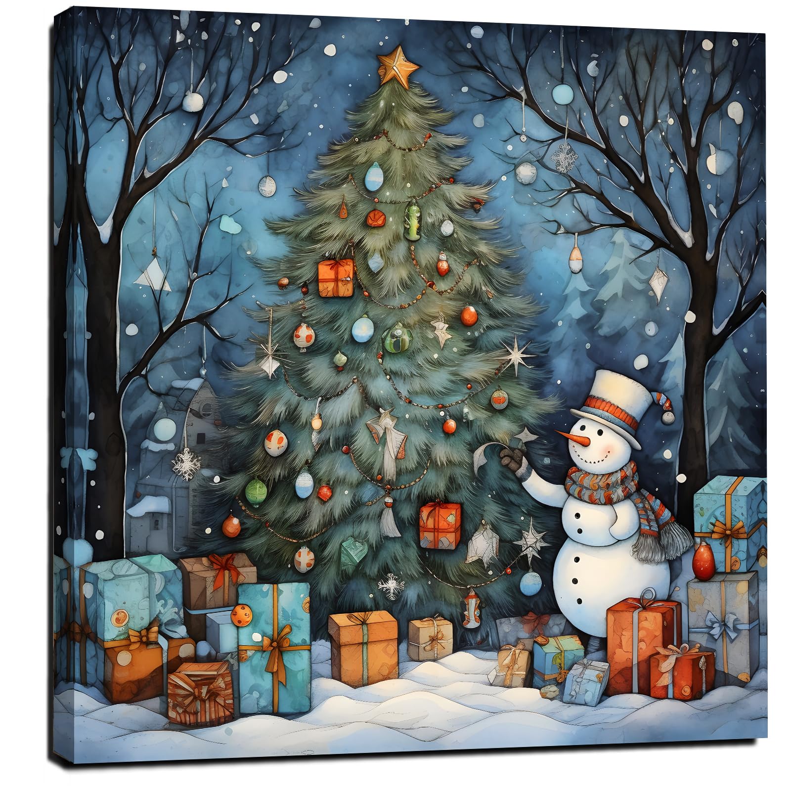LAIART Christmas Tree Canvas Wall Art - Snowman Pictures - Christmas Wall Decoration - Christmas Ornaments Gifts for Family