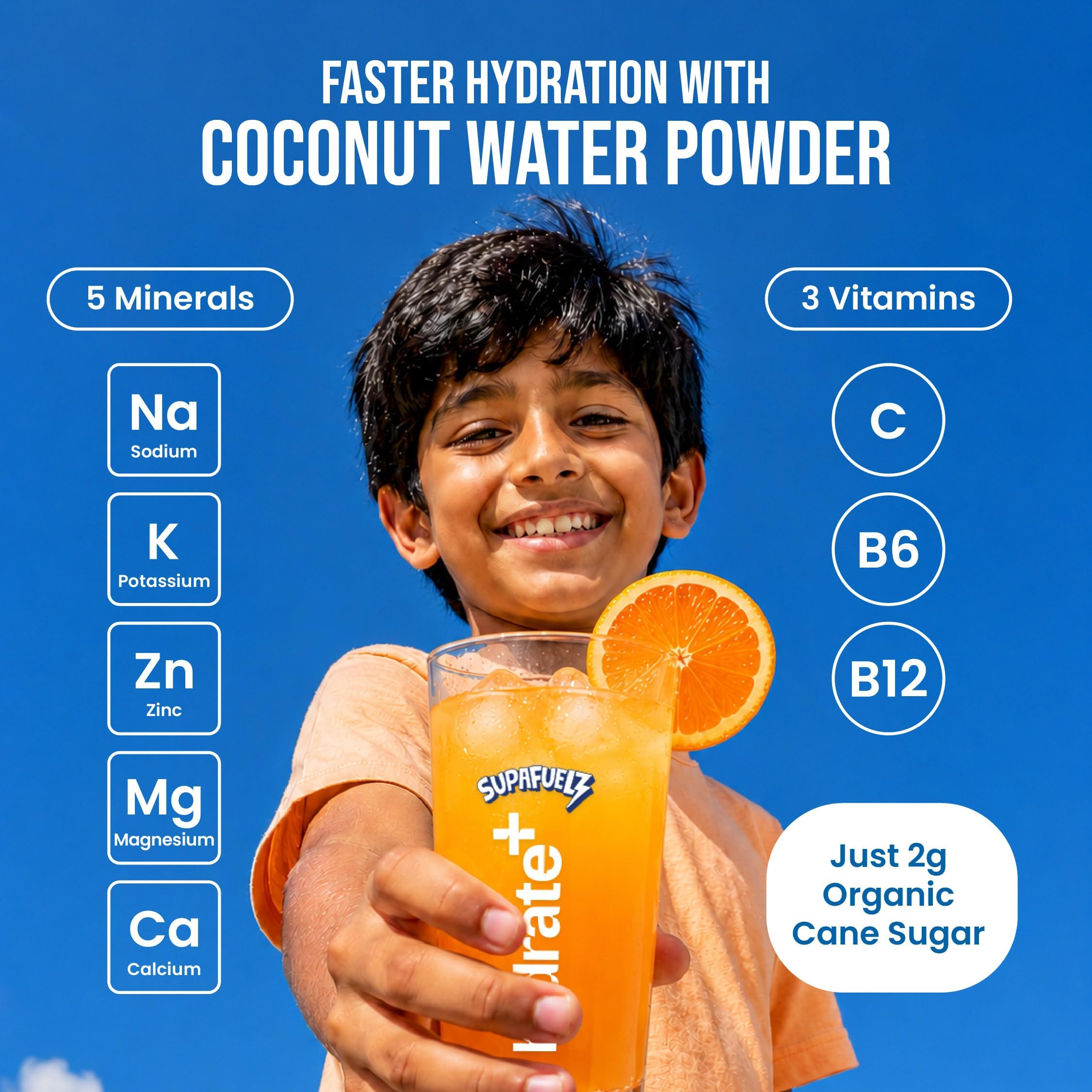 Hydrate+ Kids Hydration Drink Mix Combo Pack | 5 Electrolytes + Vitamins C, B6 & B12 | Coconut Water Powder | Just 2g Organic Cane Sugar | Juicy Mango (10 Sachets) + Tangy Orange(10 Sachets) — Amazon image 4