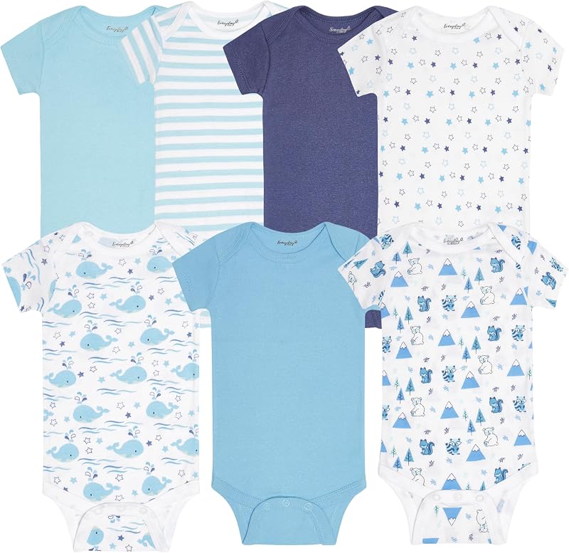 EVERYDAY KIDS 7 Pack Baby Bodysuits for Boys; 100% Soft Cotton Unisex Baby Bodysuit; 3 Sturdy Snaps for Diapering