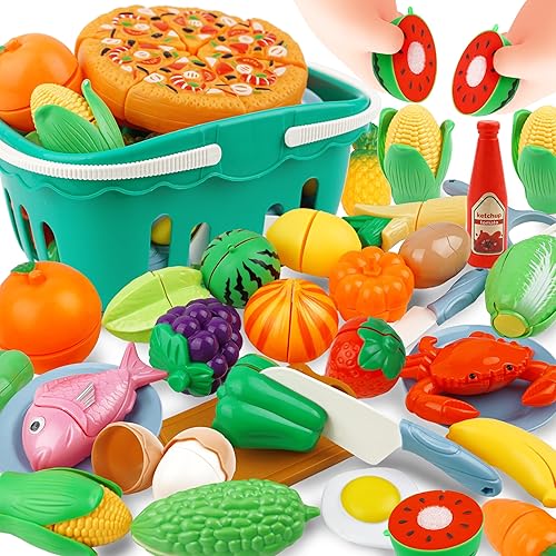 BELLOCHIDDO Comida de juego para niños, 70 piezas de frutas y verduras de plástico y accesorios de cocina con canasta, juguetes de cortar alimentos