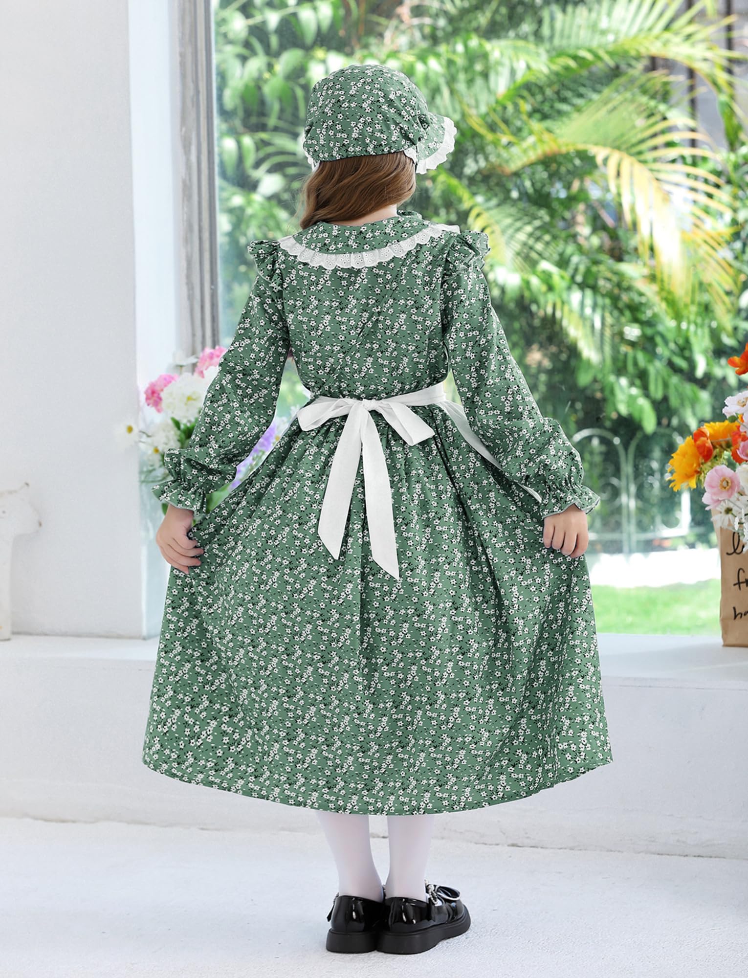NEAWEALY Kids Victorian Maid Dress Girl Pioneer Colonial Outfit Prairie Dress Halloween Maid Costume Green 9-10Y - Image 2