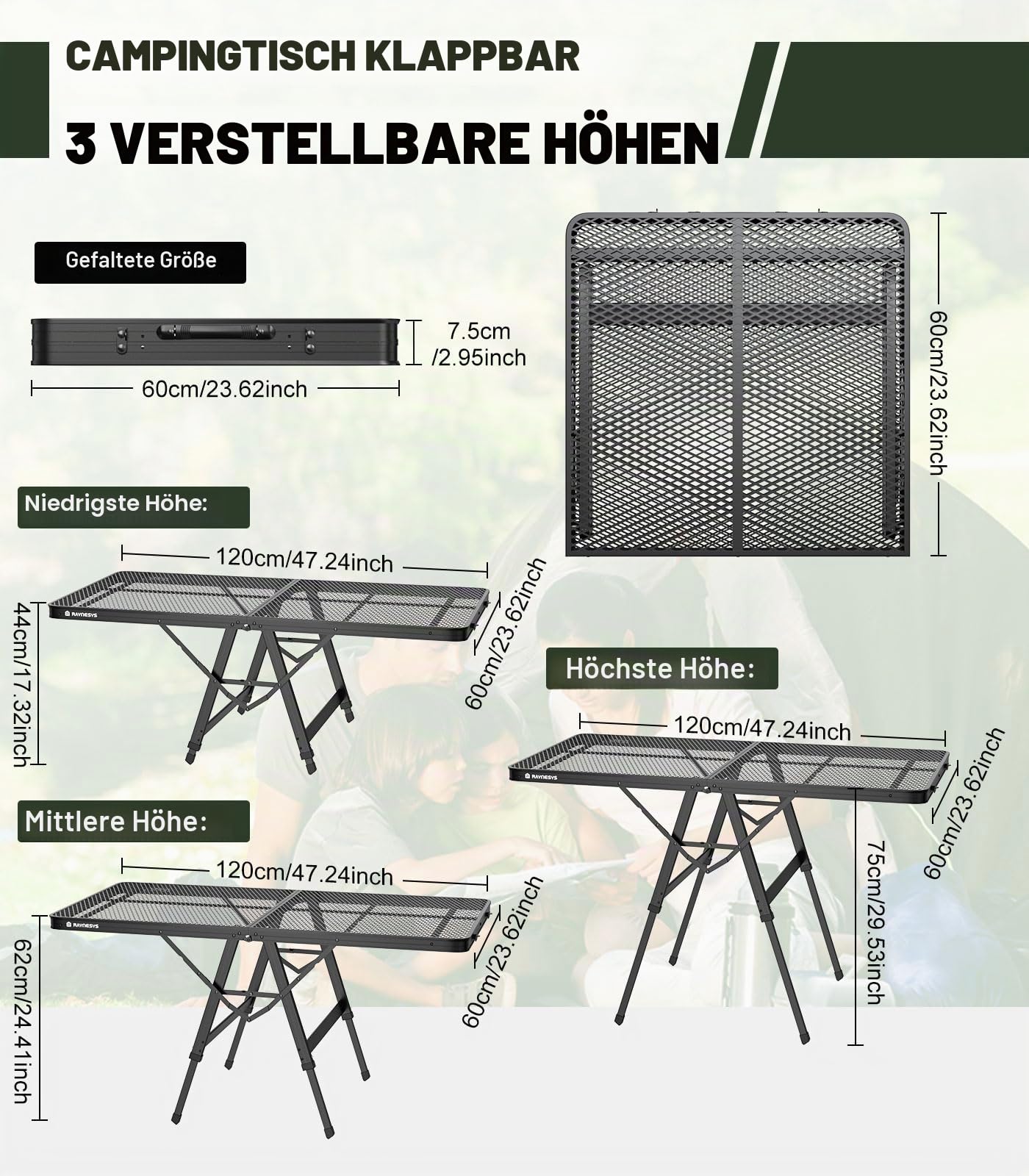 Raynesys Klappbarer Grilltisch mit Mesh-Tischplatte, Höhenverstellbarer Faltbarer Campingtisch aus Metall, Tragbarer Grillwagen für Outdoor, Camping, BBQ, Picknick, Strand, Wohnmobil, 47,24" x 23,62"
