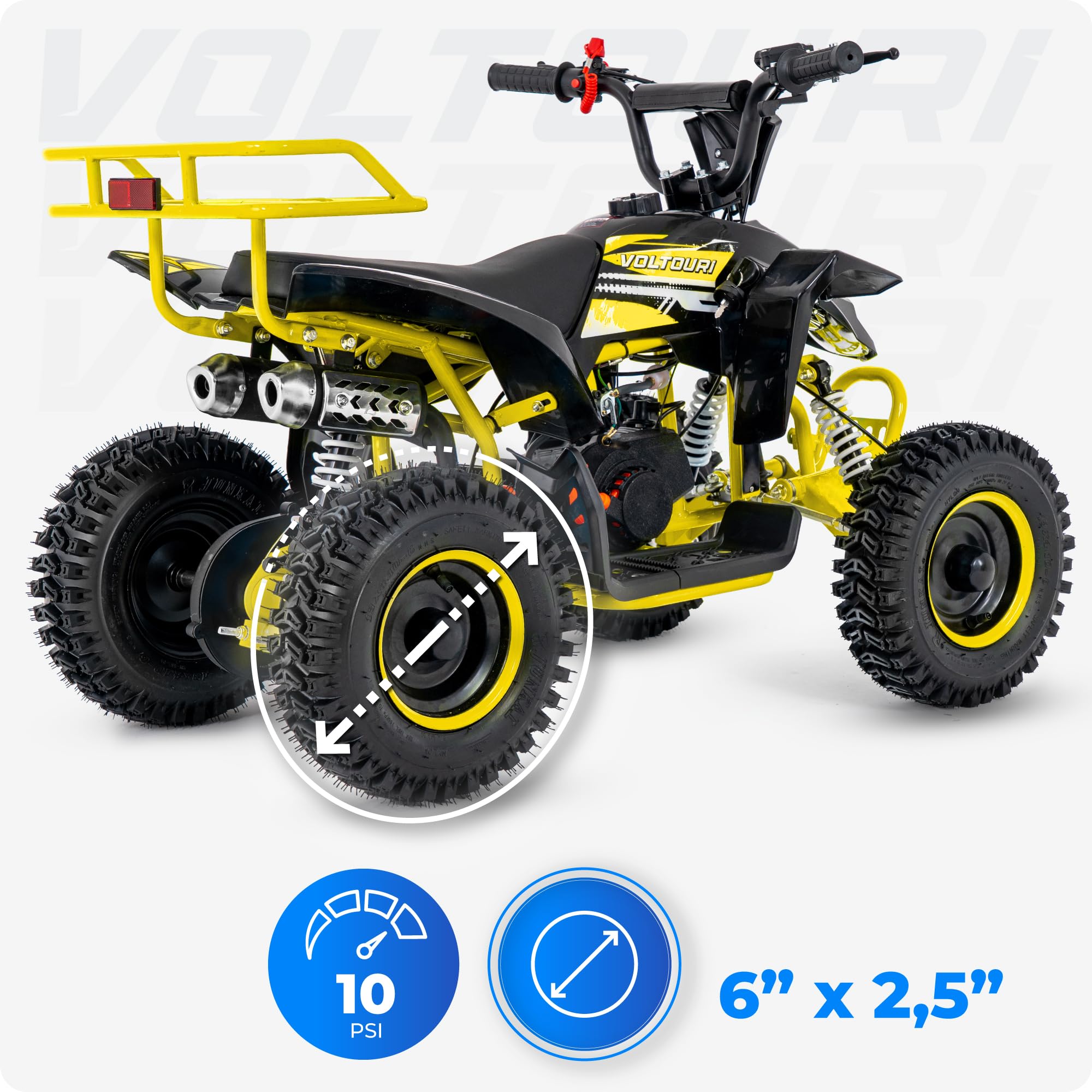 Mini quad 49cc Benzin ATV, 6 Zoll Offroad-Reifen, Scheibenbremsen, LED-Licht und Gepäckträger (GELB, Pull-Start, LED)