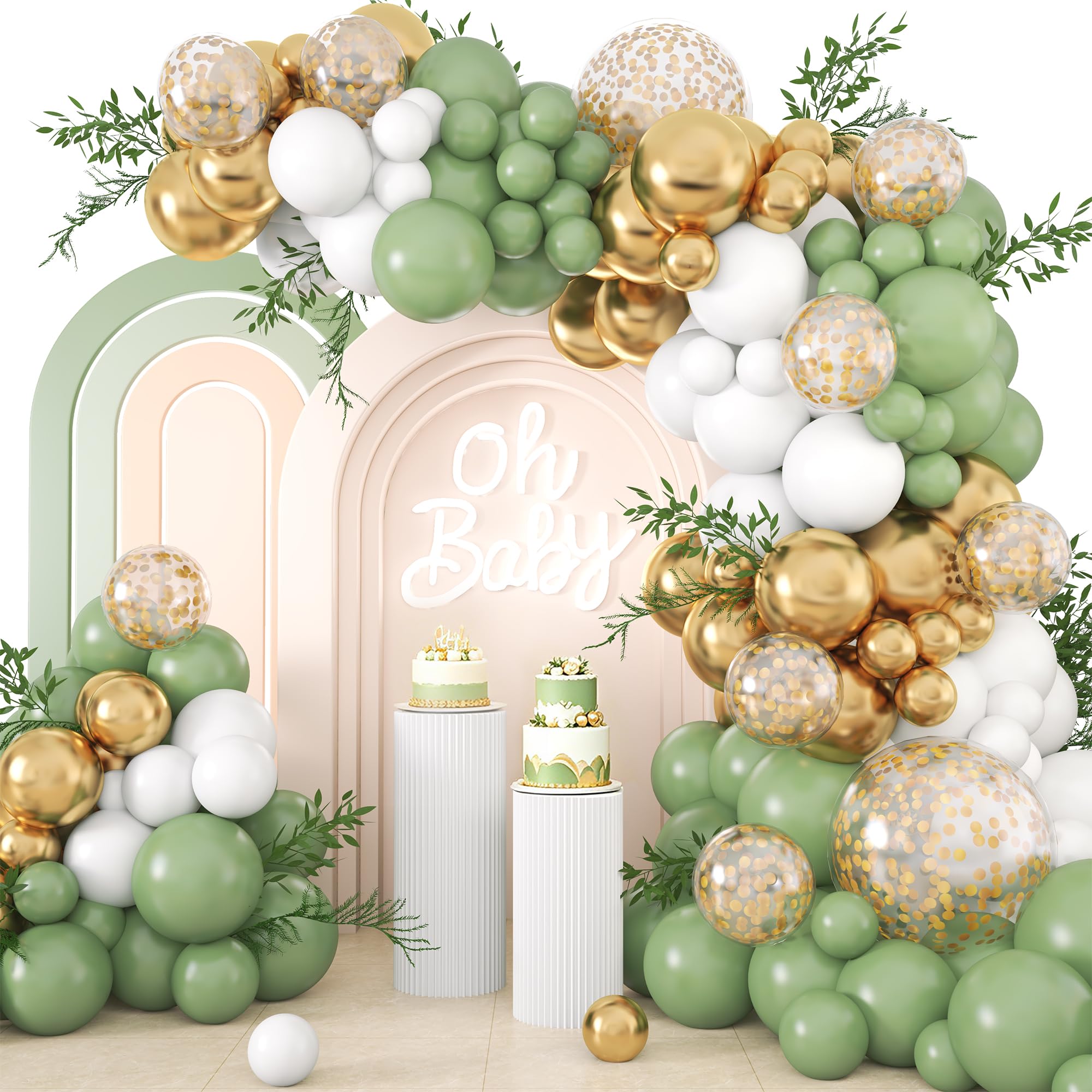 Balloons Garland Arch Kit Sage Green Olive Matte Different Sizes Decor Happy Birthday Party Decorations Oh Baby Shower, Gold Confetti Balloons