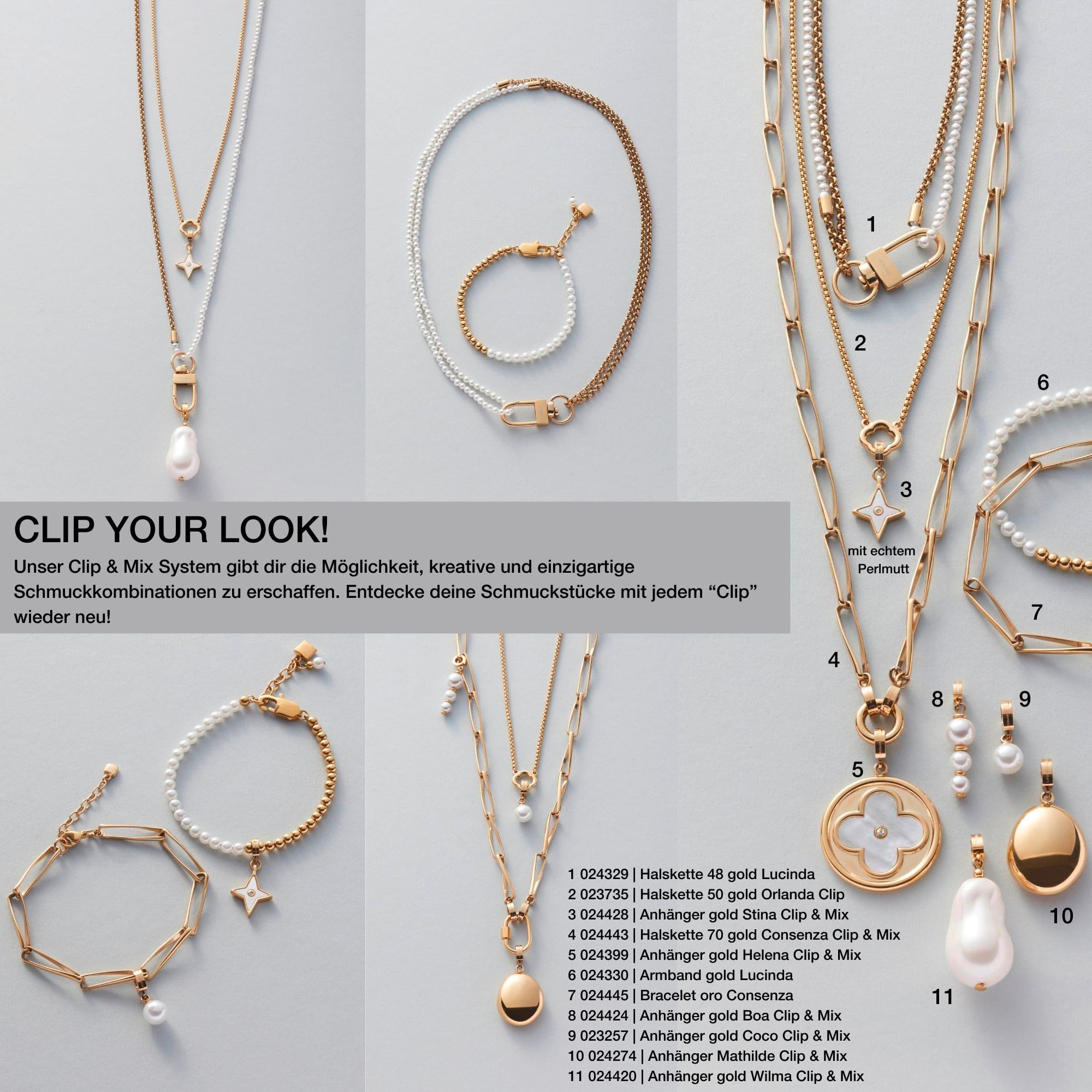 JEWELS BY LEONARDO Halskette Lucinda, mittellange Kette aus goldfarbenem Edelstahl, weiße Imitationsperlen und auffälliger Verschluss, 48 cm doppelt, 96 cm einfach Länge, Schmuck Geschenk, 024329