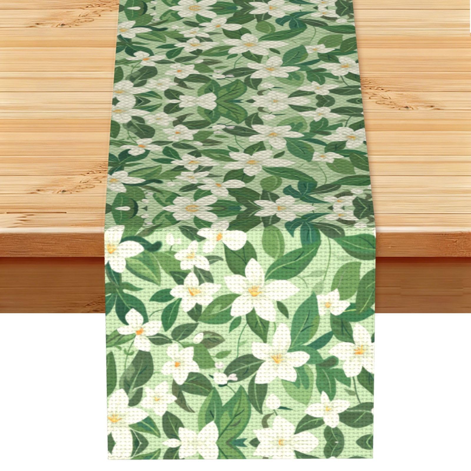 Crisp Sage White Blossom Printed Table Runner 13 x 72, Wrinkle Resistant Decor for Dining Table Coffee Table Fireplace