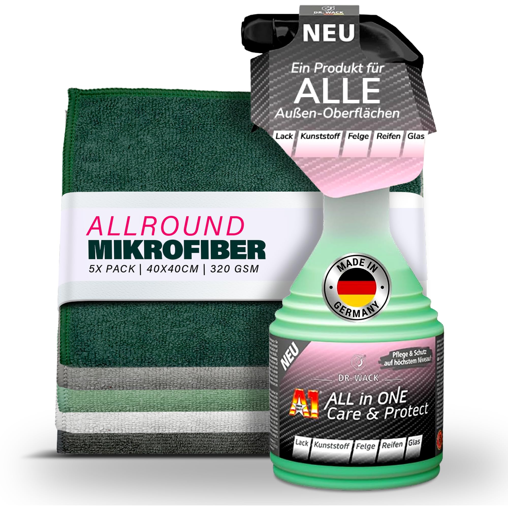 Dr. Wack A1 All in One Care & Protect Spray + 5 paños de microfibra | Sellado con fuerte efecto perlado | Para todas las superficies exteriores como pintura de plástico llantas y vidrio