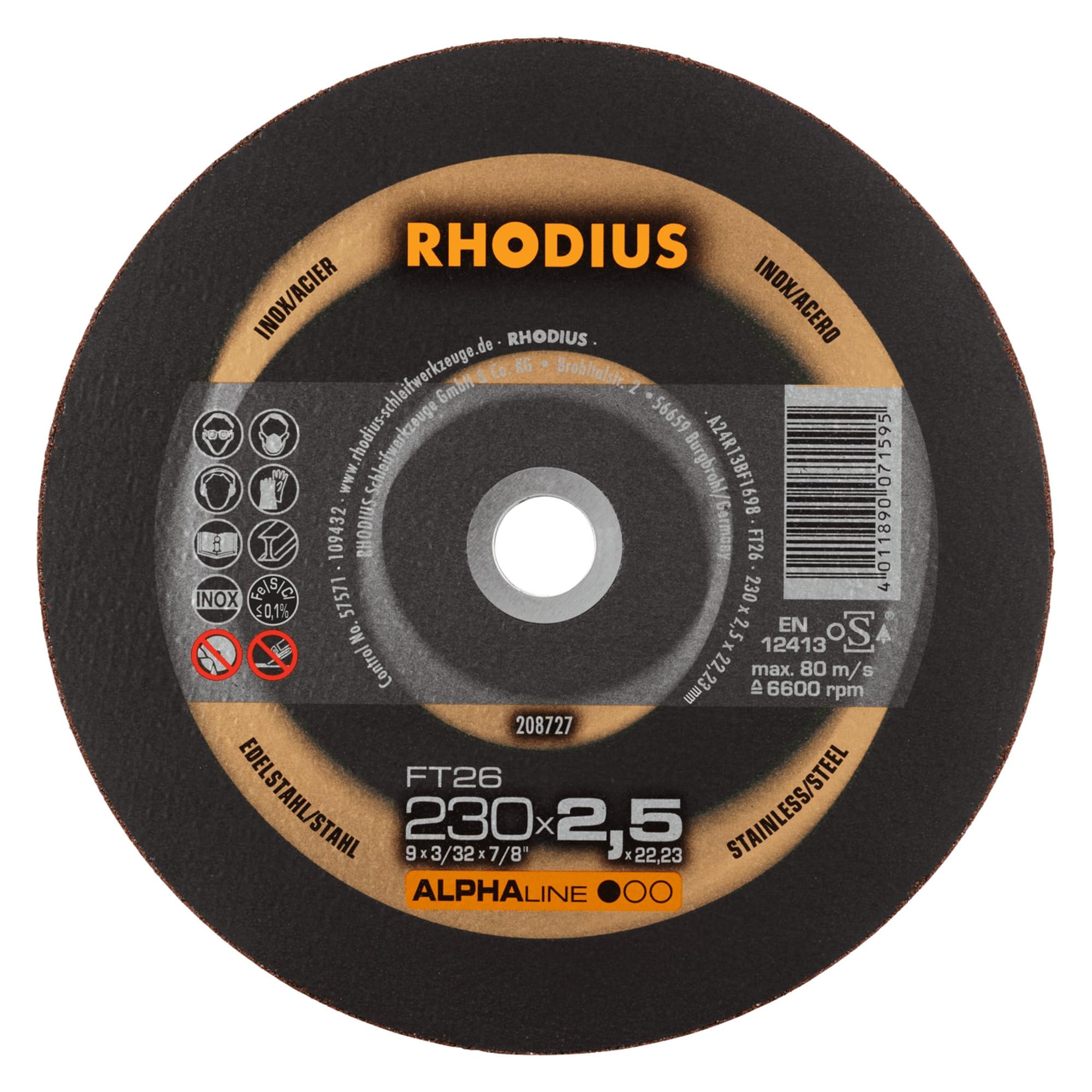 Rhodius FT26 Lot de 25 disques à tronçonner 230 x 2,5 mm pour acier inoxydable/acier