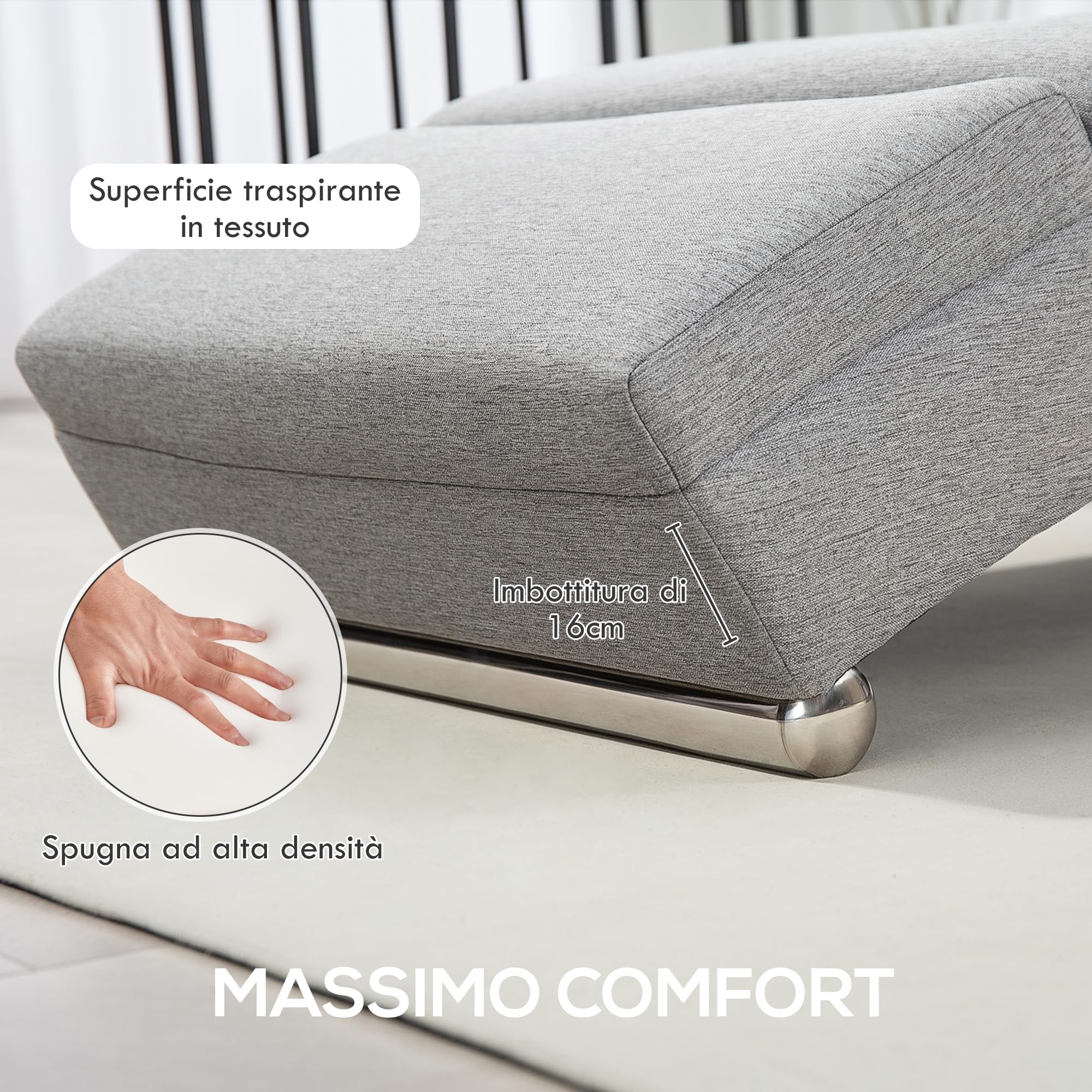 HOMCOM Poltrona Chaise Longue Ergonomica con Schienale Alto in Tessuto, Sdraio Relax con Imbottitura Spessa e Gambe in Acciaio, 160.5x60.5x93 cm per Soggiorno, Camera da Letto e Salotto, Grigio Chiaro