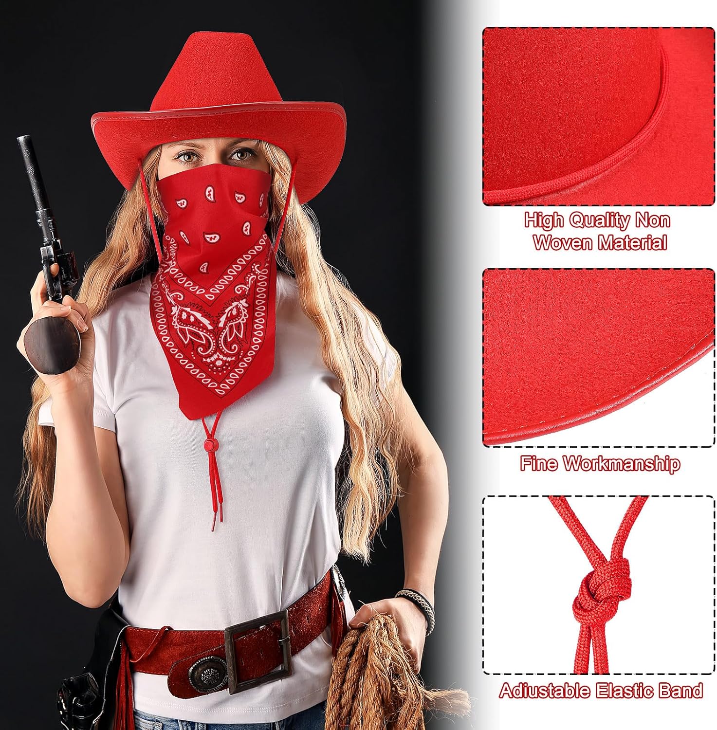 Coume 18 Pcs Cowboy Hat with Heart Sunglasses and Paisley Bandanas Western Cowgirl Hat for Cosplay Costume Adults(Red,Simple Style)