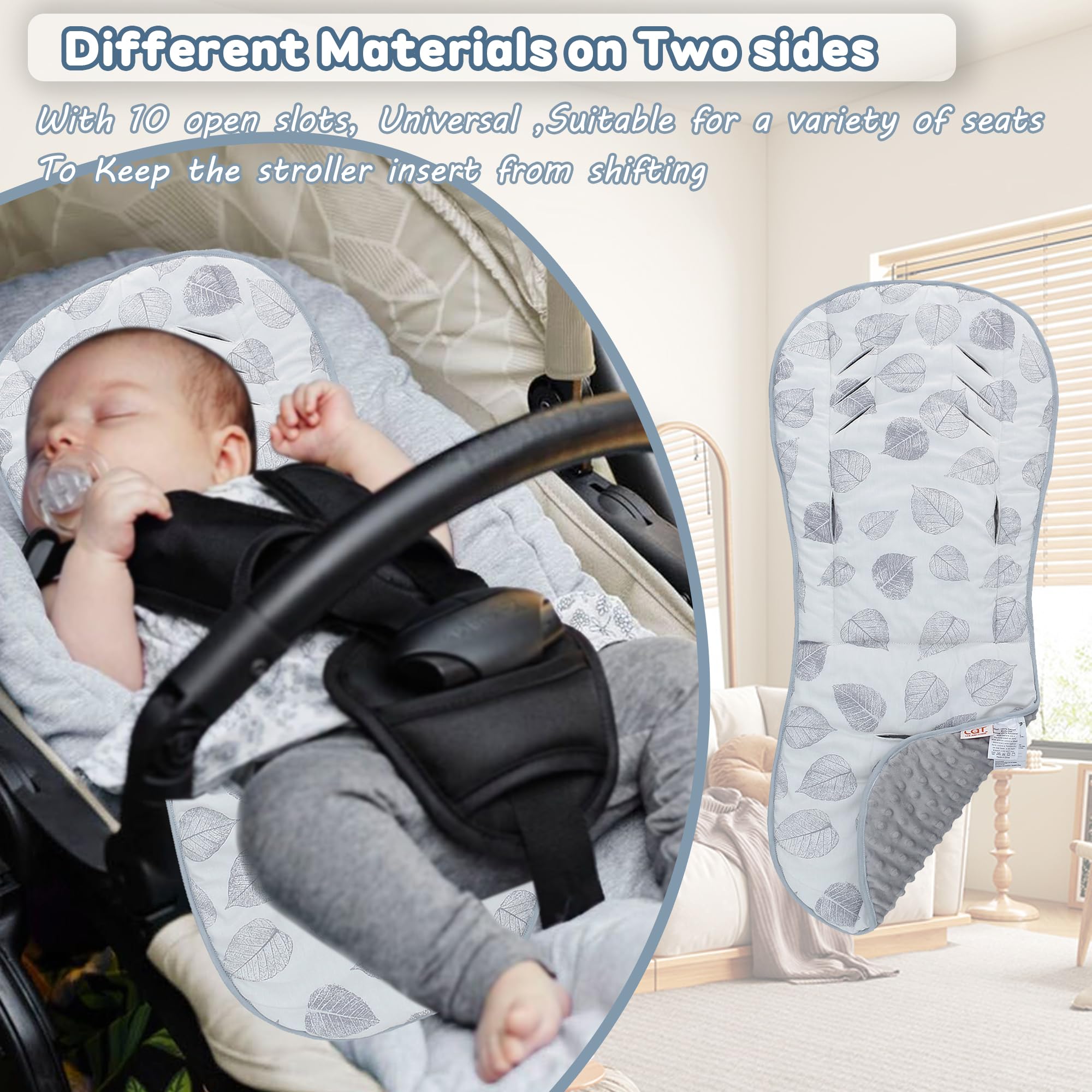 Baby Pushchair Seat Liners,Universal Double-Sided Pram Seat Liner,Baby Stroller Liner Pad Seat Cover Seat Cushion for Toddler Infant,Reversible for Pushchairs & Strollers,37x80cm(Gray Leaves) - Image 3