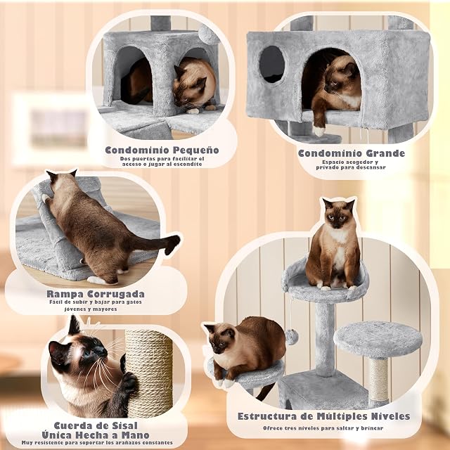 Foto 3 de 8 de Yaheetech Árbol Rascador para Gatos 139cm con 3 Plataformas 2 Nidos 2 Pompones Torre de Escalador con Postes…