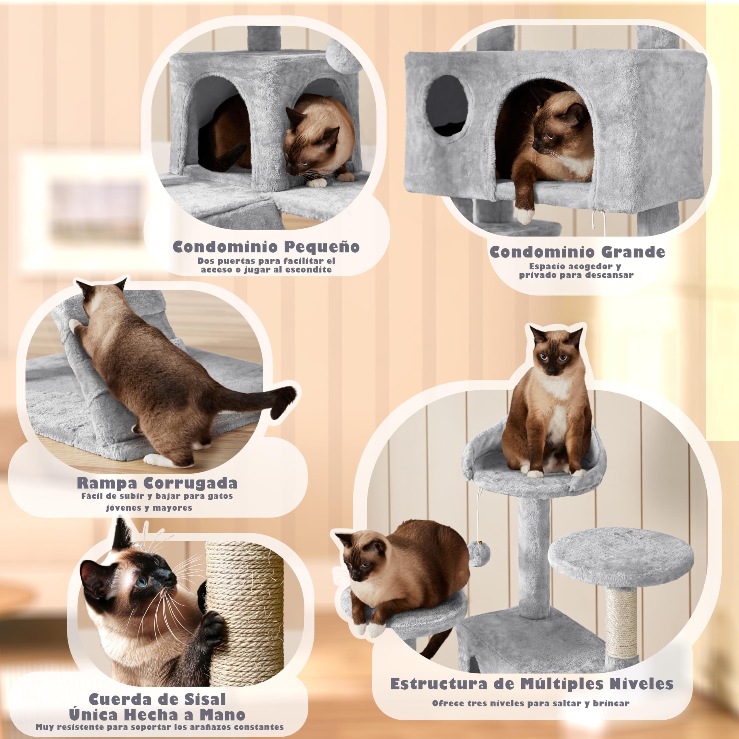 Yaheetech Árbol Rascador para Gatos 139cm con 3 Plataformas 2 Nidos 2 Pompones Torre de Escalador con Postes en Sisal Ideal para 3-4 Gatos Gris Claro