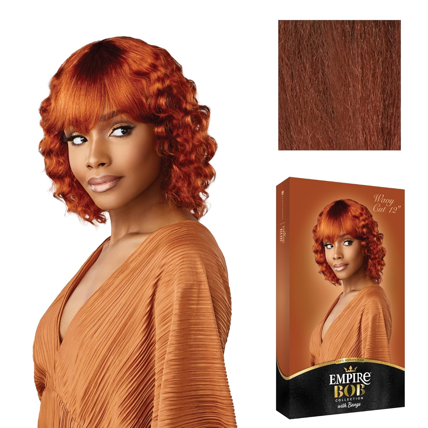 Sensationnel Empire Bob Humanhair Wig – Wavy Cut 12 Inch Face Framing Mesh Cap for Comfort With Bangs (COPPERCHARM)
