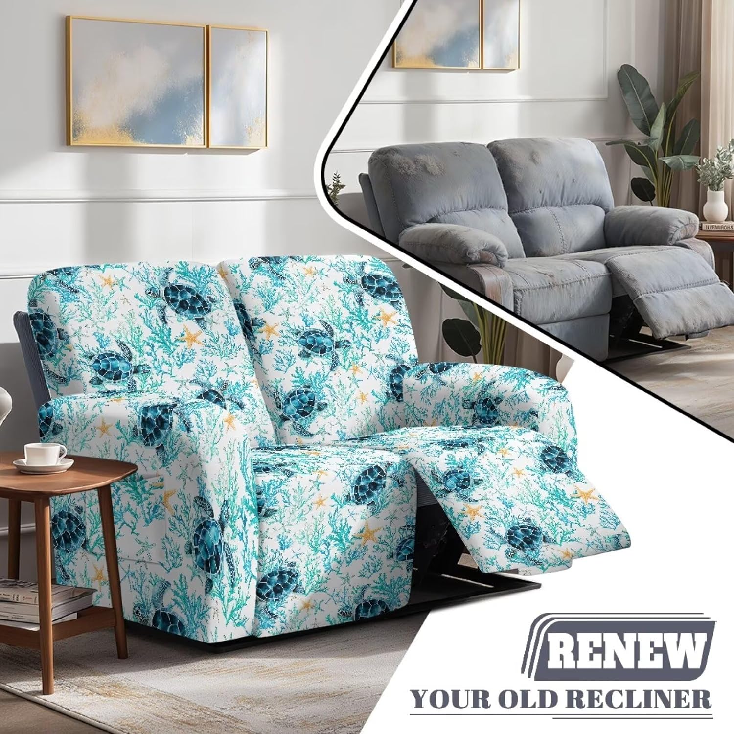 6 Piece Turtle Stretch Reclining Loveseat with Pockets Slipcover, 2 Seater Loveseat Recliner Cover, Recliner Couch Sofa Covers, Furniture Protector Cover for Pet Kid