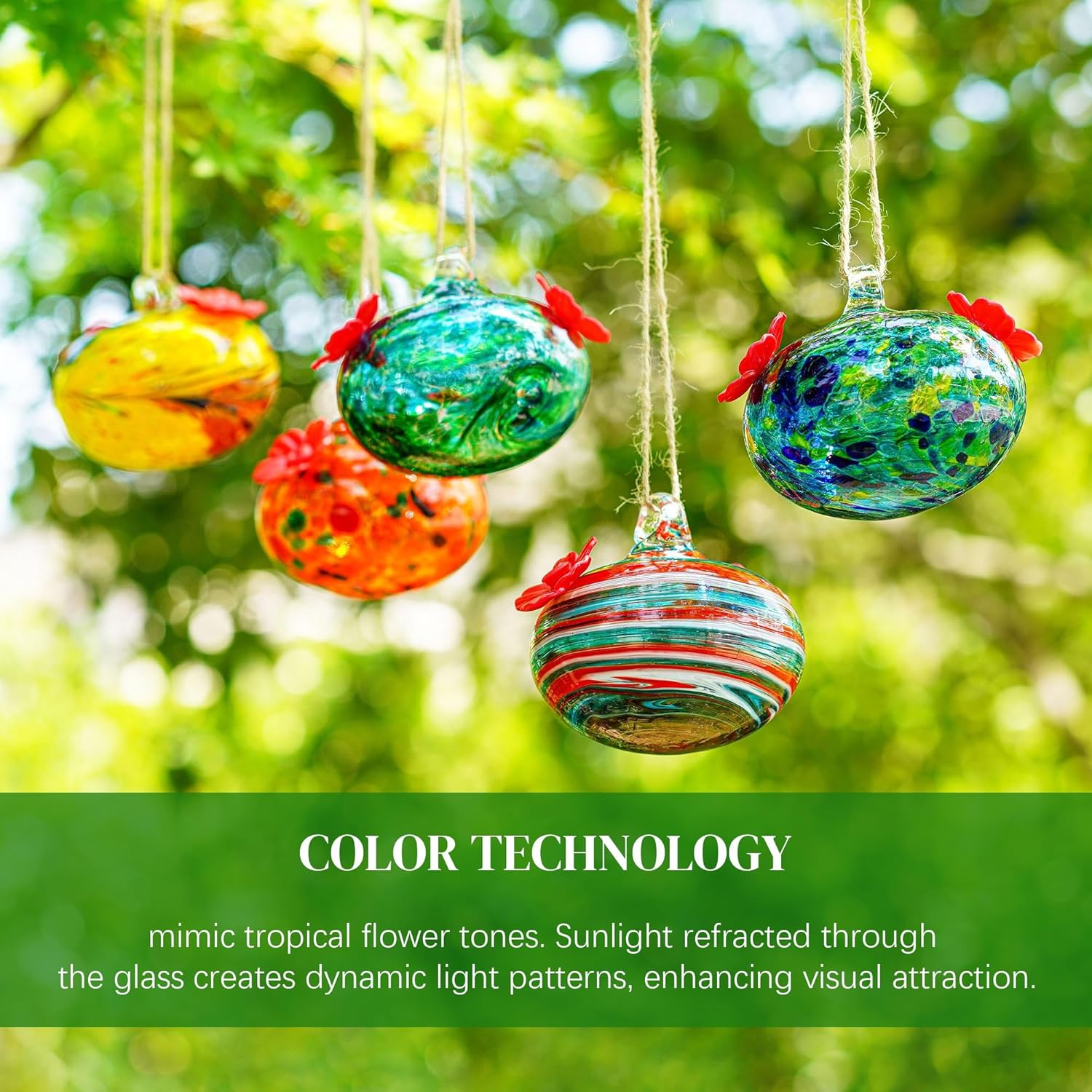 kanpura 6 PCS Hummingbird Feeders for Outdoors Hand Blown Glass Hummingbird Feeder with 2 Flower Feeding Ports Never Fade, Gardening Gifts for Woman Man