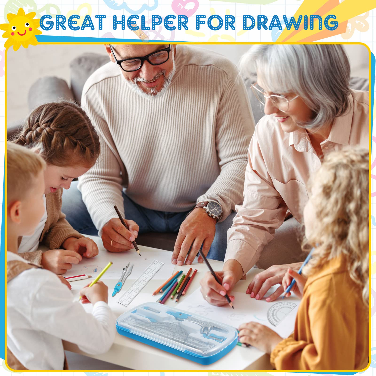 Teling Lot de 12 kits de géométrie mathématiques, 10 boussoles pour géométrie, comprenant règles, rapporteur, gomme, boussole, taille-crayon, mines pour dessin, école de mathématiques, étudiant (bleu)