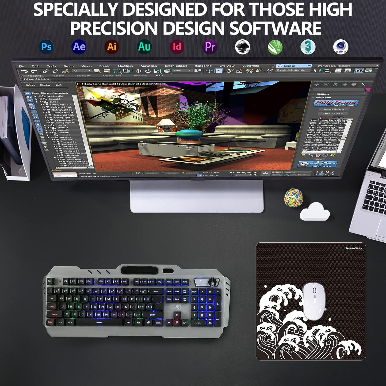 A desk setup with a computer monitor displaying design software, a keyboard, and an X-Raypad Aqua Control Plus mouse pad with a white mouse, illustrating its suitability for high-precision design work.