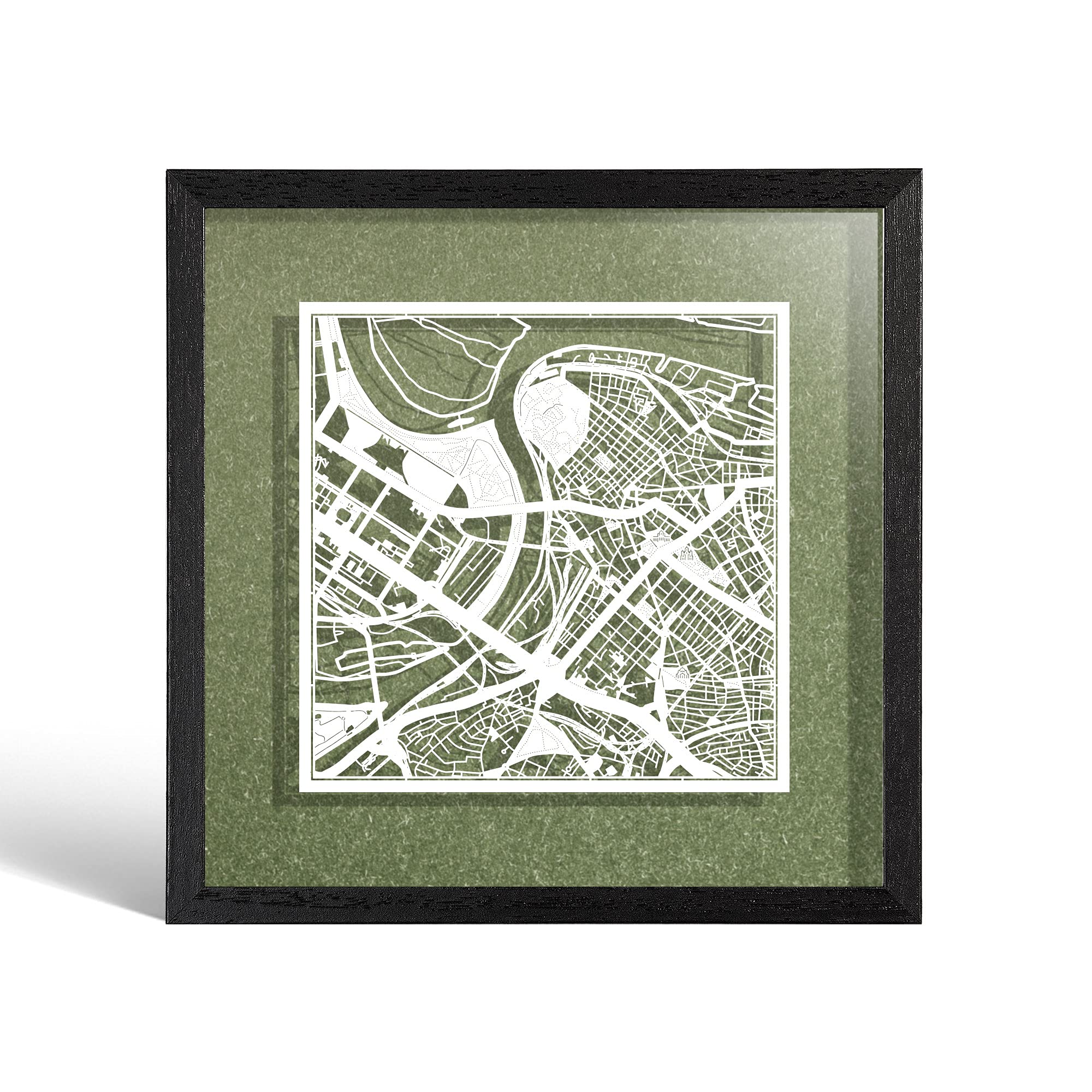 O3 DESIGN STUDIO Belgrade Paper Cut Map framed, White map, Black frame, 23x23 cm, Gift Boxed, 4 background color, self-changing, Paper Art