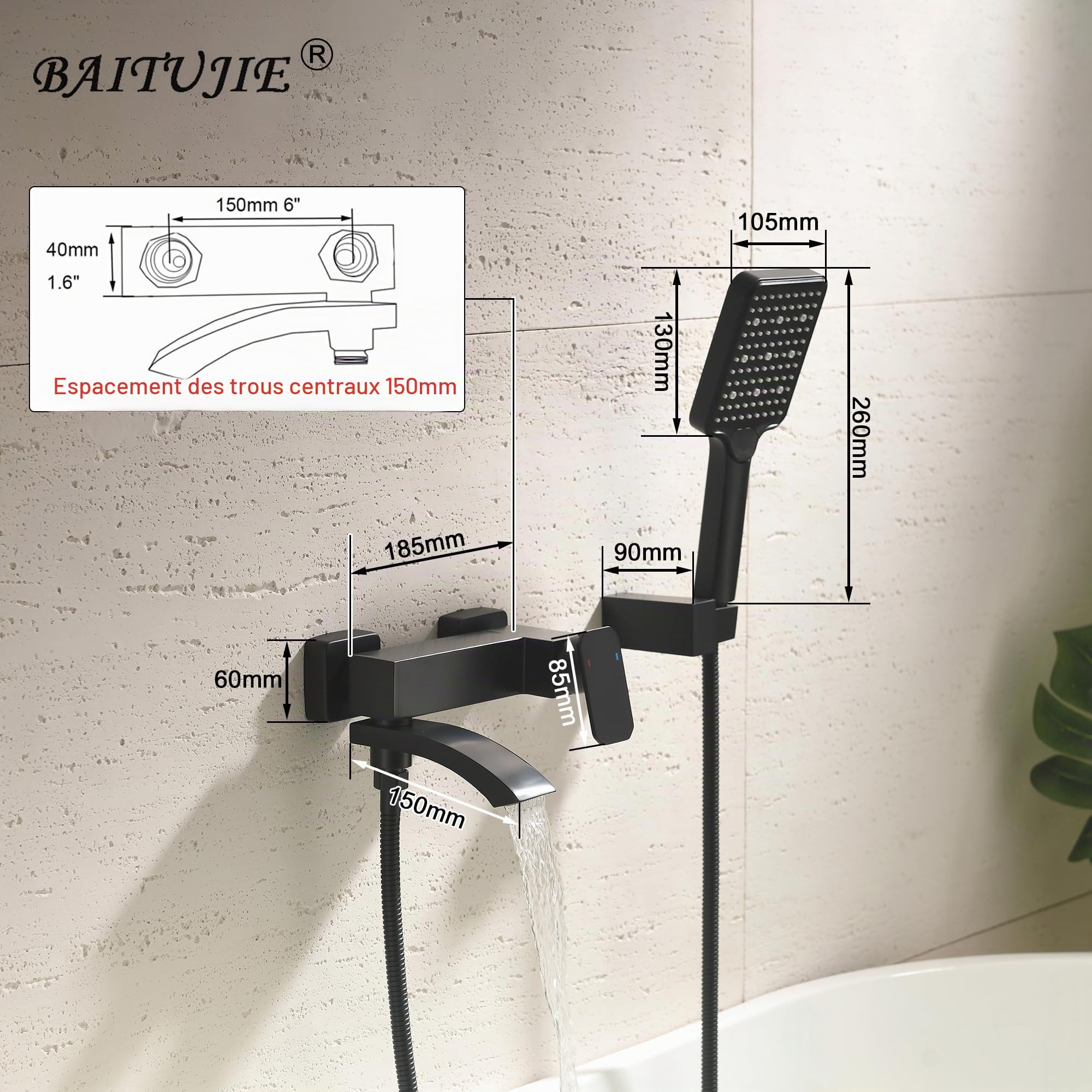 Mélangeur de baignoire avec douche en noir, robinet de baignoire noir en cascade, mélangeur de salle de bain avec interrupteur pivotant à 90°, avec douchette haute pression à 3 fonctions