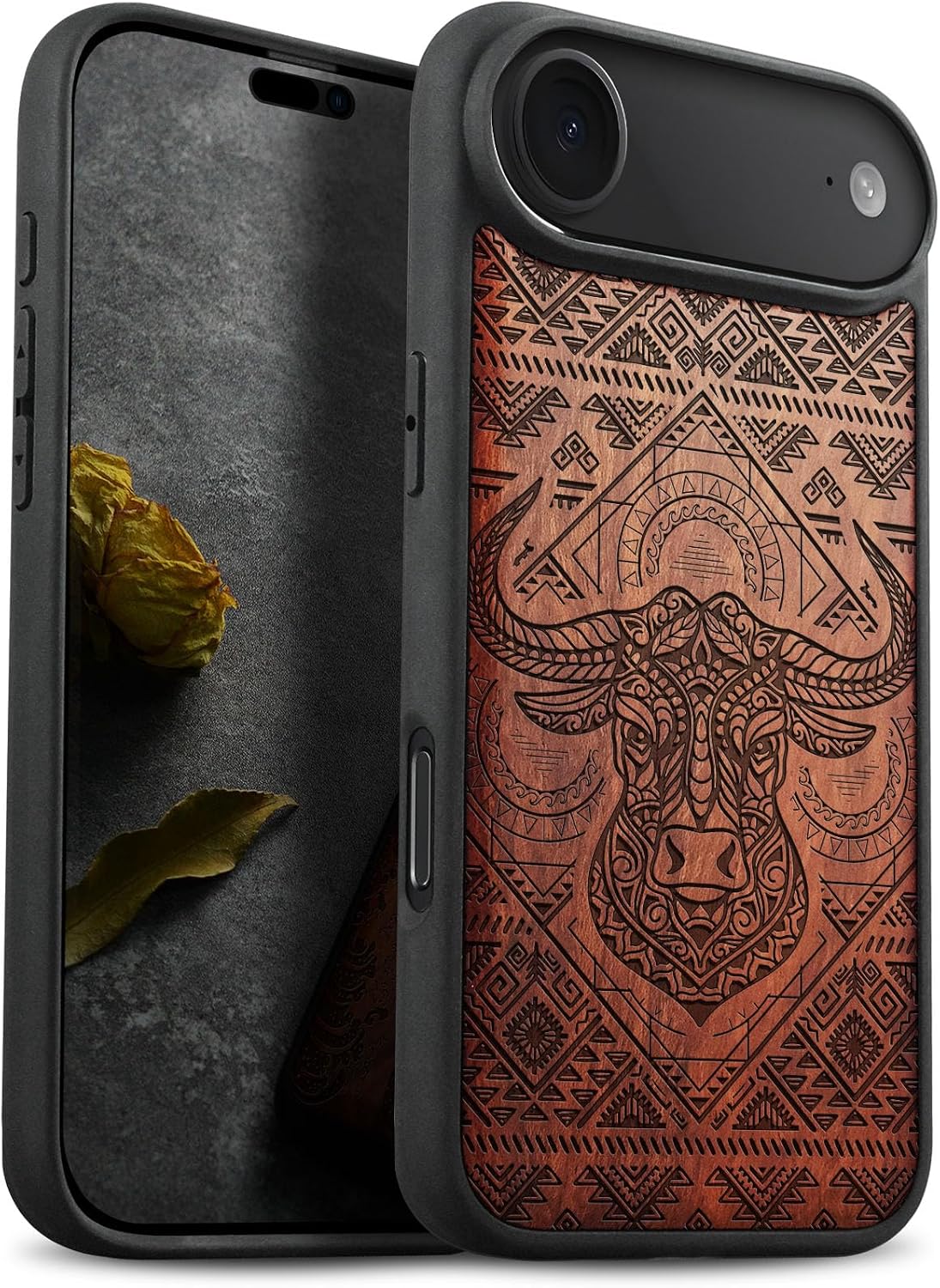 Carveit Magnetic Wooden Case for iPhone Air Case, Wood Artisan Engraved & Soft TPU Shockproof Cover, Compatible with MagSafe 17 Air Wireless Chargers (The Sacred Bovine) Rosy