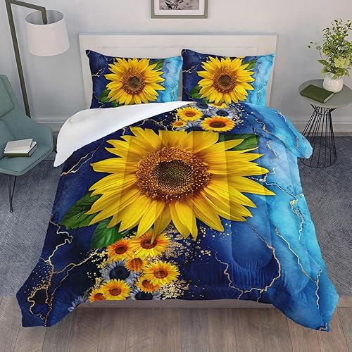 AILONEN Juego de edredón de girasol, tamaño Queen, juego de ropa de cama con estampado de girasol amarillo en acuarela azul para niños y niñas,