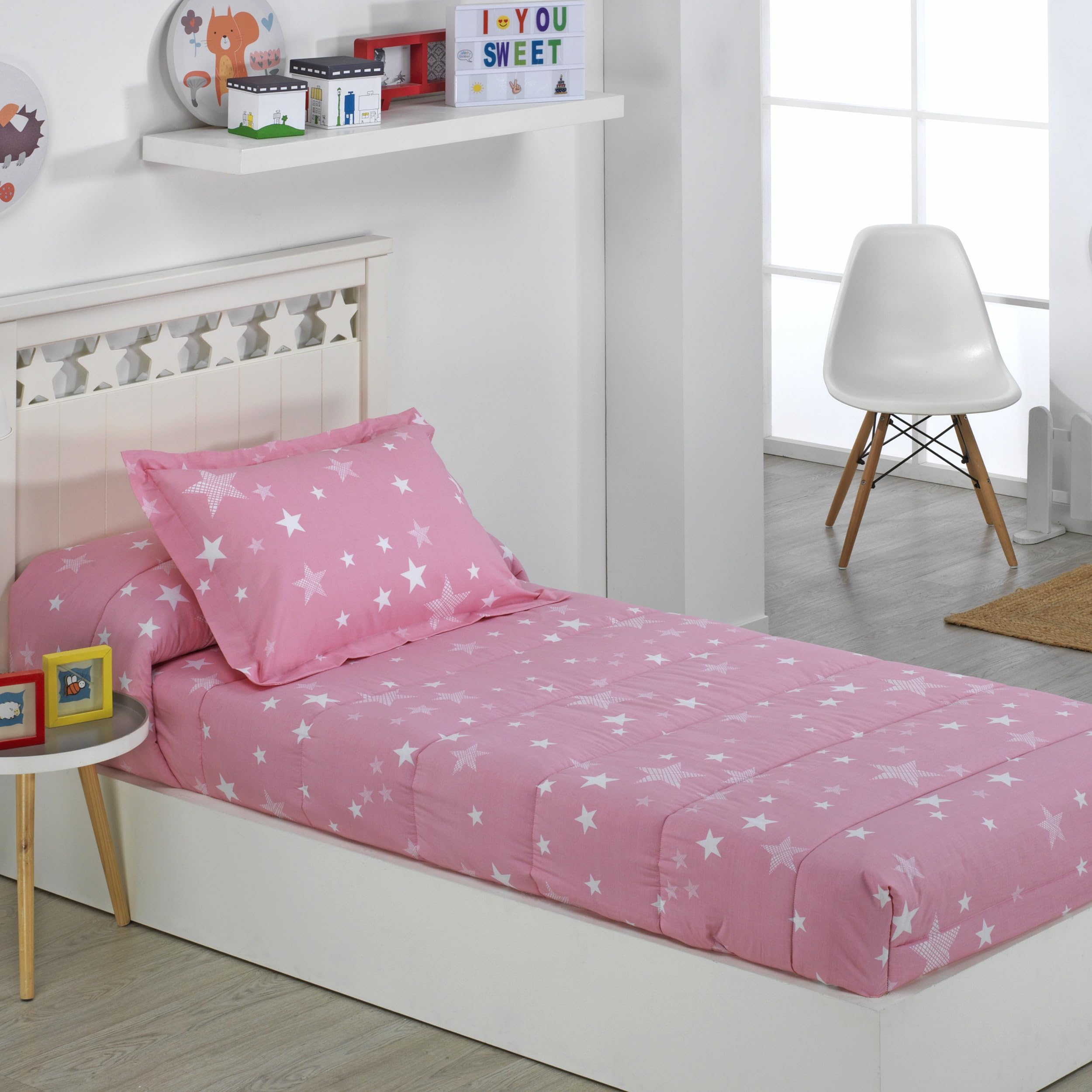 DHESTIA HOME - Edredón Ajustable Infantil Cama 90 y Cama 105 Estrellitas Rosa - Rosa, Cama 90