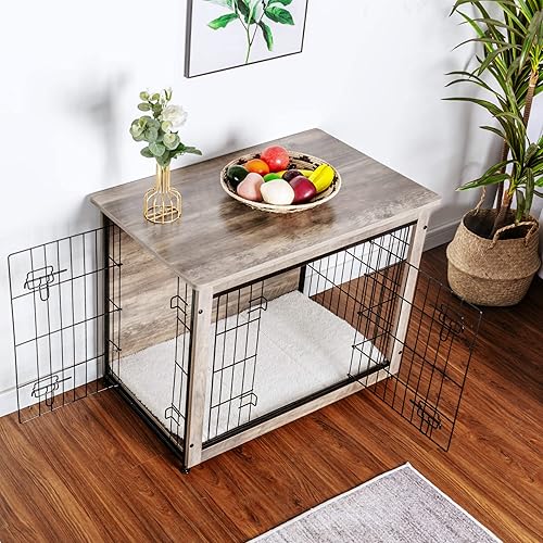 Vista 279 de DWANTON Mueble de jaula para perros con cojín, caja de madera para perros con puertas dobles, muebles para perros, perrera de interior, mesa Negro