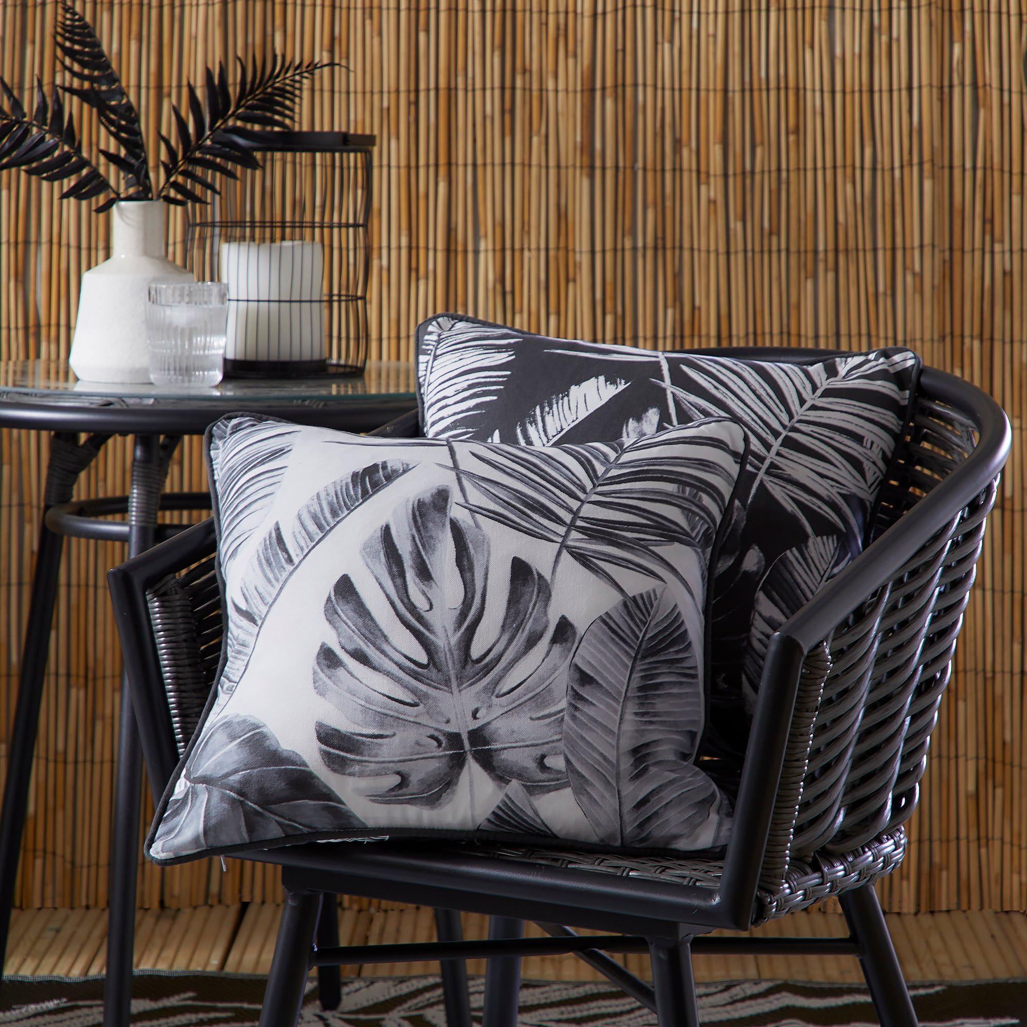 Dreams & Drapes - Black Outdoor Cushion (43 x 43cm) - Floral/Botanical Outdoor Cushion for Garden/Patio/Balcony - Garden Cushion in Black - Tropical Leaf Cushion for Outdoor - Tahiti Collection