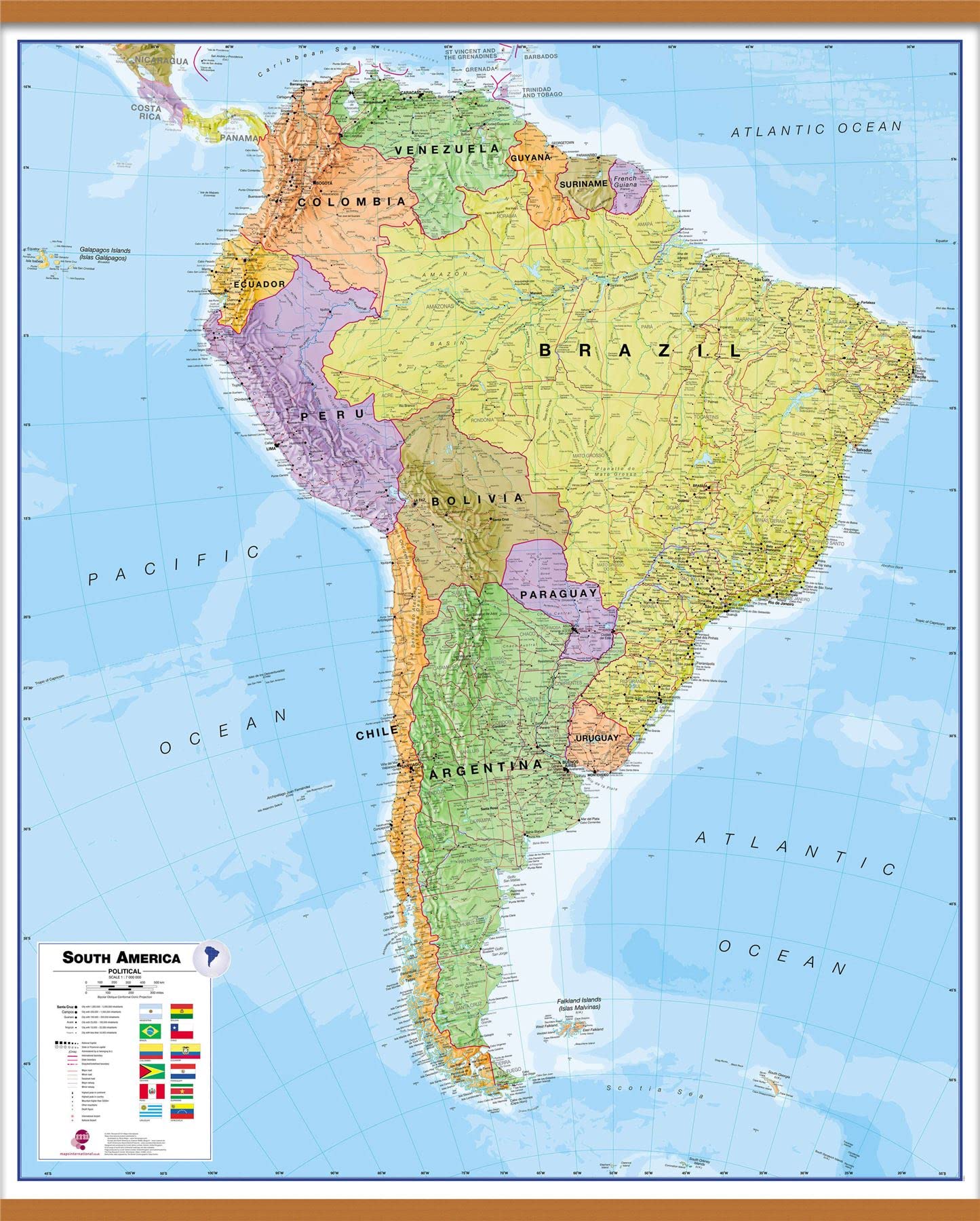 South America Large Political Wall Map Wooden hanging bars