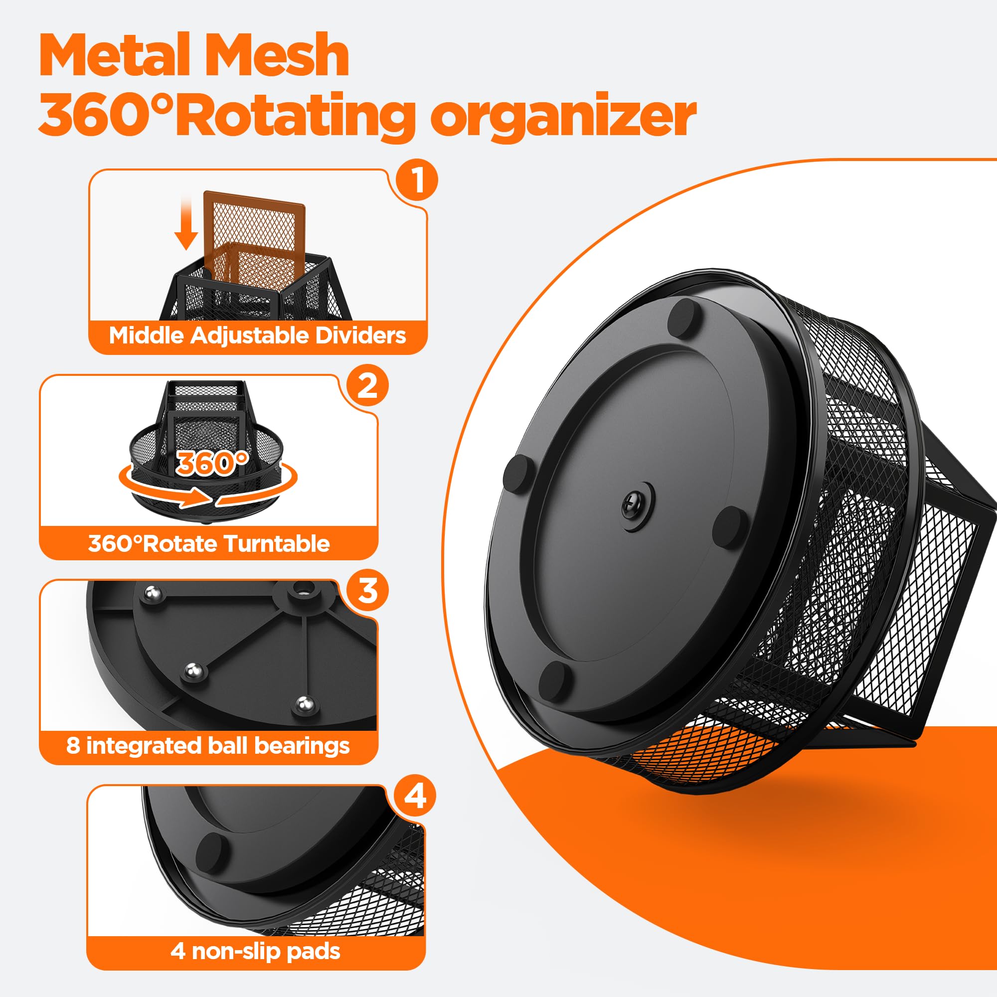 Docnest Organizer da scrivania girevole a 360°, portapenne a 6 scomparti, nero | Supporto in metallo resistente con divisorio rimovibile. Contenitore salvaspazio per matite, forbici e pennarelli