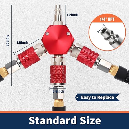 Miniatura 5 de Ufixed Divisor de manguera de aire de 3 vías no óxido Acoplador 14 NPT rojo, divisor de compresor de aire a prueba de fugas múltiple colector de