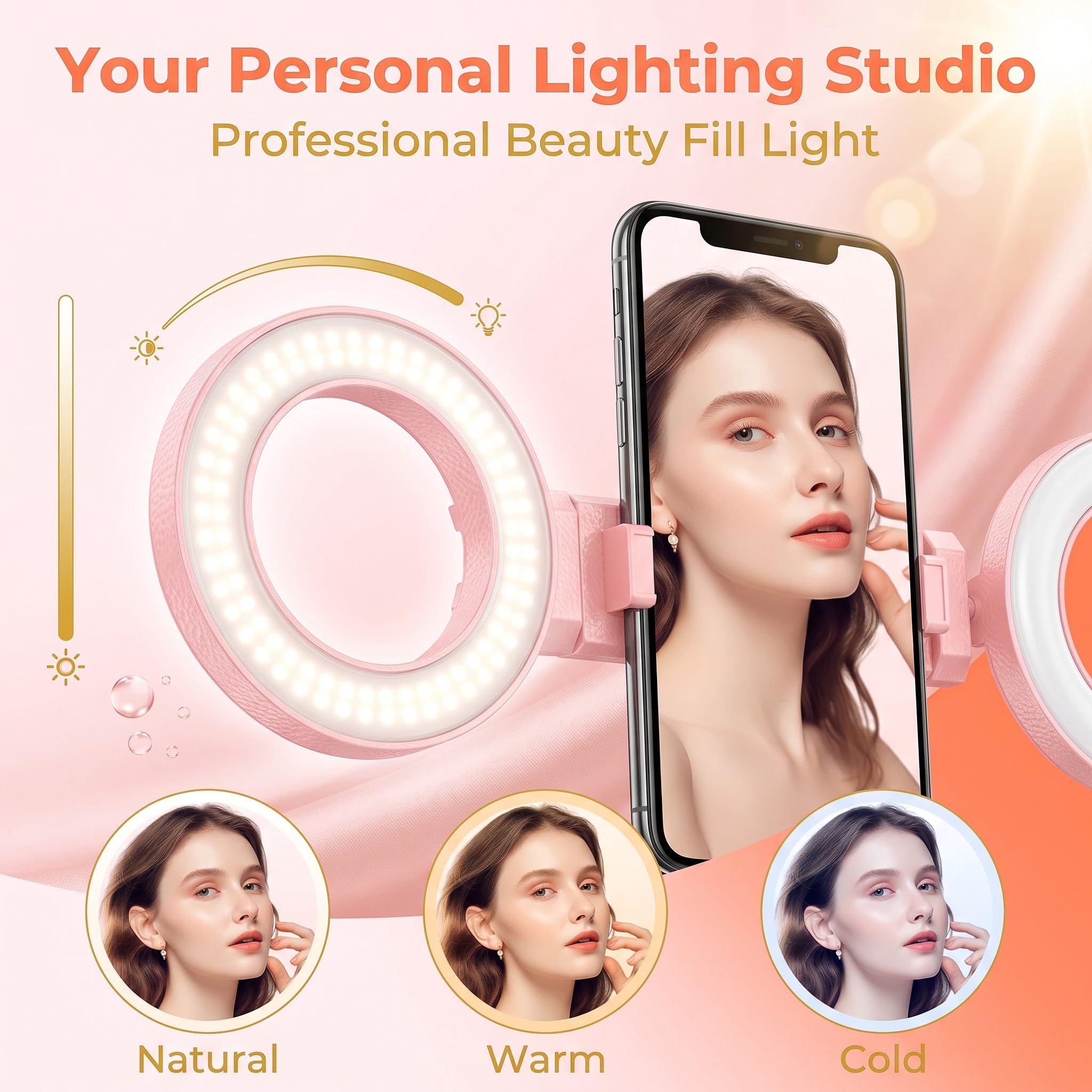 1.7m Palo Selfie Tripode con Luz, 360° Trípode para Movil Profesional con Mando Compatible con iPhone y Android, Selfie Stick inalámbrico para Vídeos TikTok Youtube, Rosa